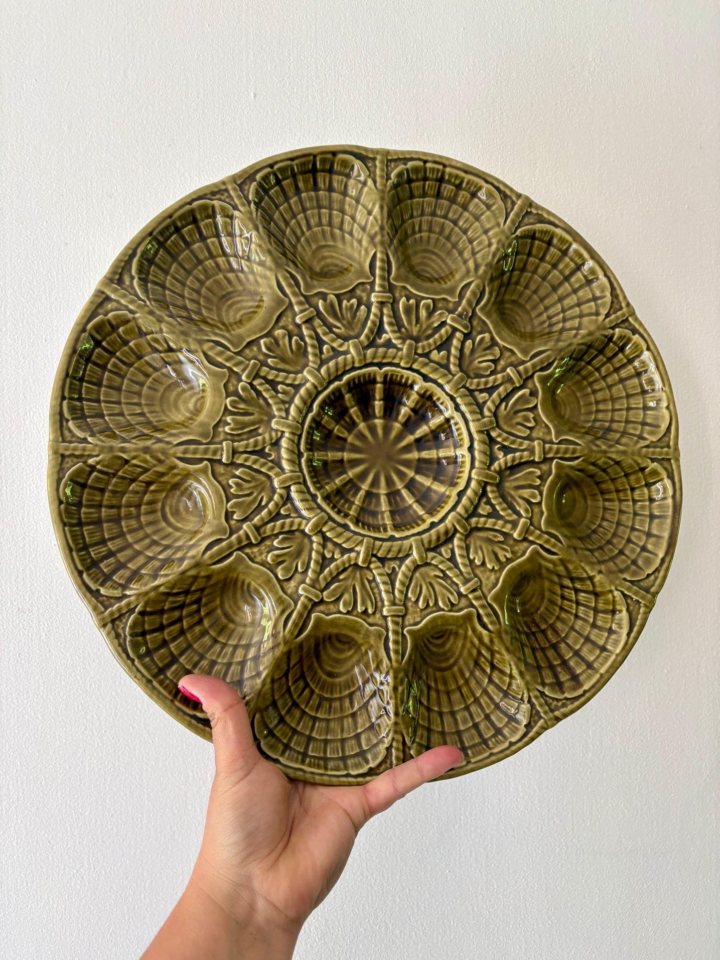 Plat à huîtres vintage en céramique verte - Sarreguemines