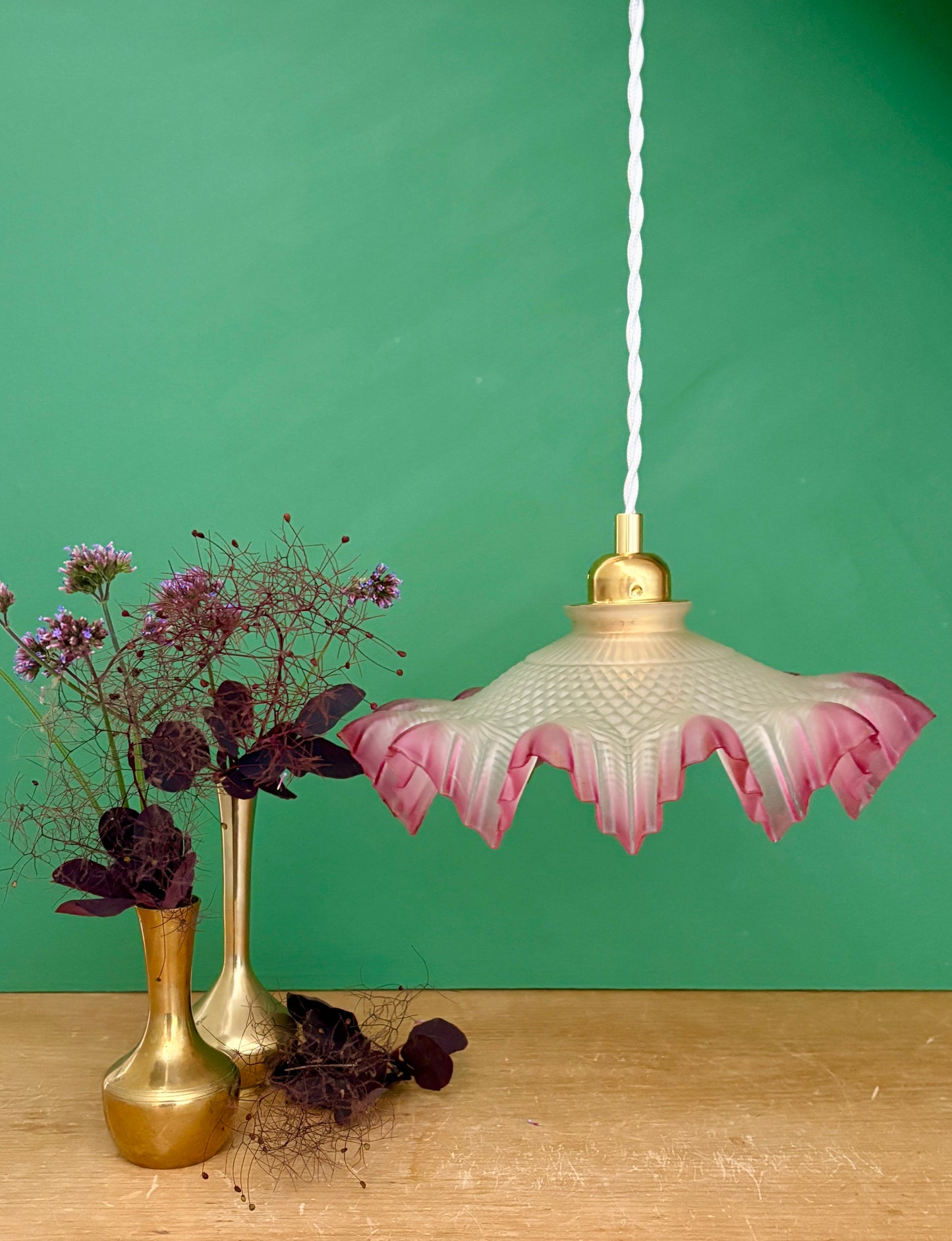 Suspension abat-jour vintage en verre dépoli mi rose mi transparent