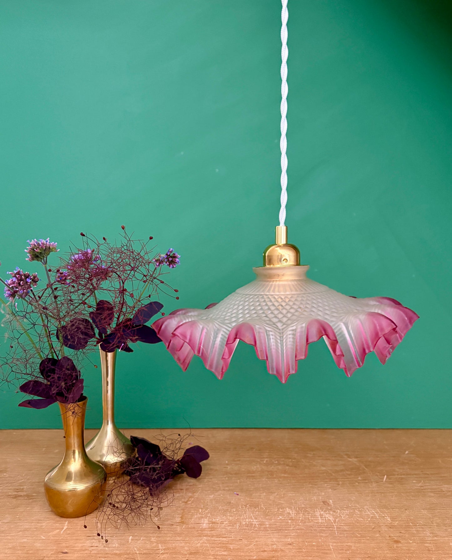 Suspension abat-jour vintage en verre dépoli mi rose mi transparent