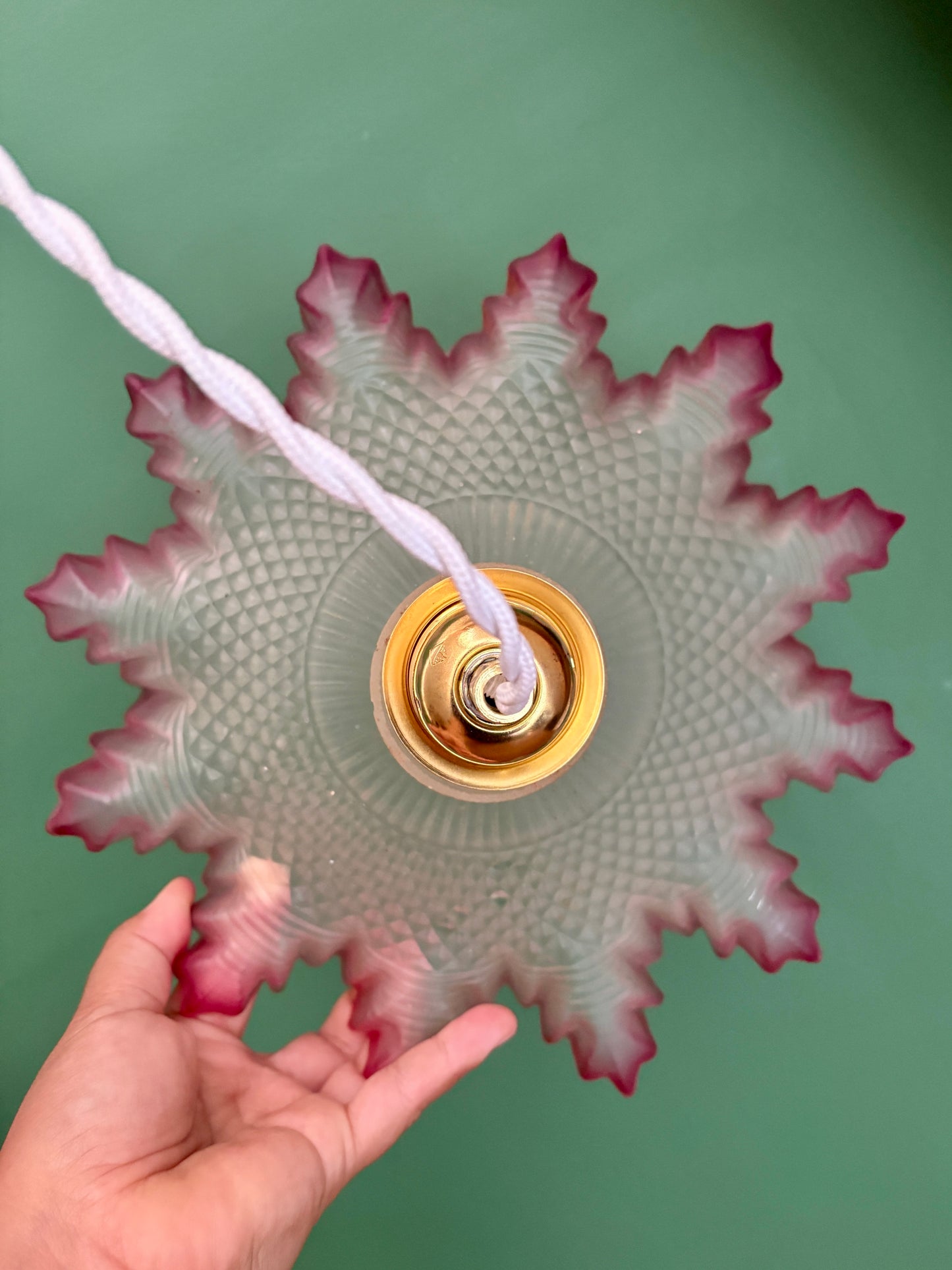 Suspension abat-jour vintage en verre dépoli mi rose mi transparent