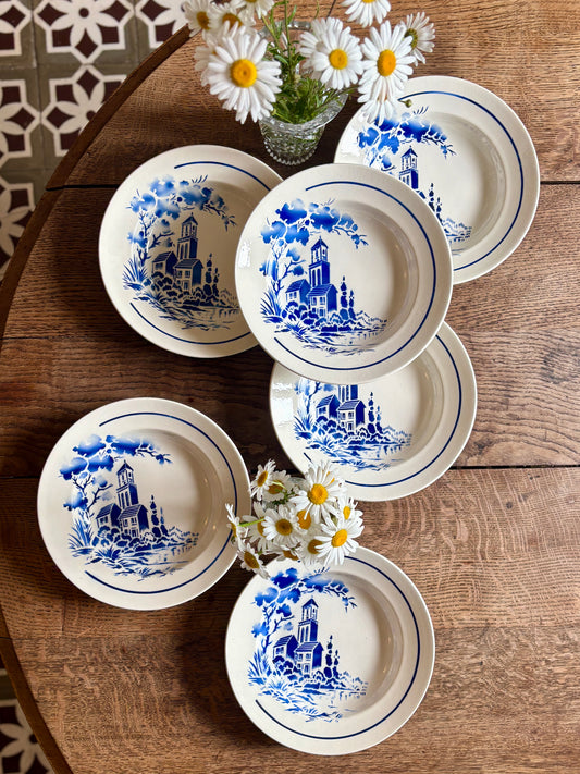 Lot de 6 assiettes creuses vintage décors de Village - Badonvillier
