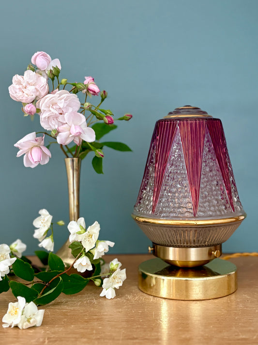 Lampe à poser globe vintage art déco en verre transparent et violet