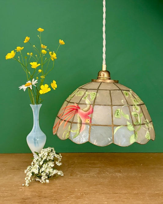 Suspenaion abat-jour vintage en nacre et laiton décors d'oiseaux