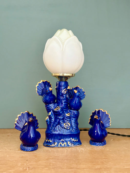 Lampe vintage en céramique bleu et ses oiseaux