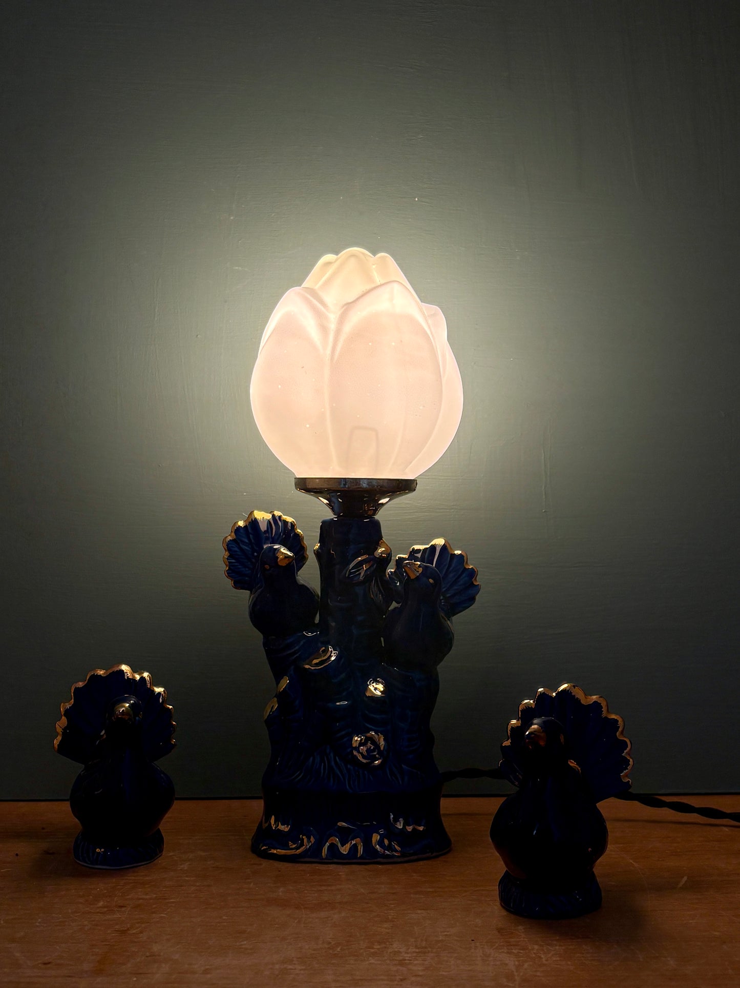 Lampe vintage en céramique bleu et ses oiseaux