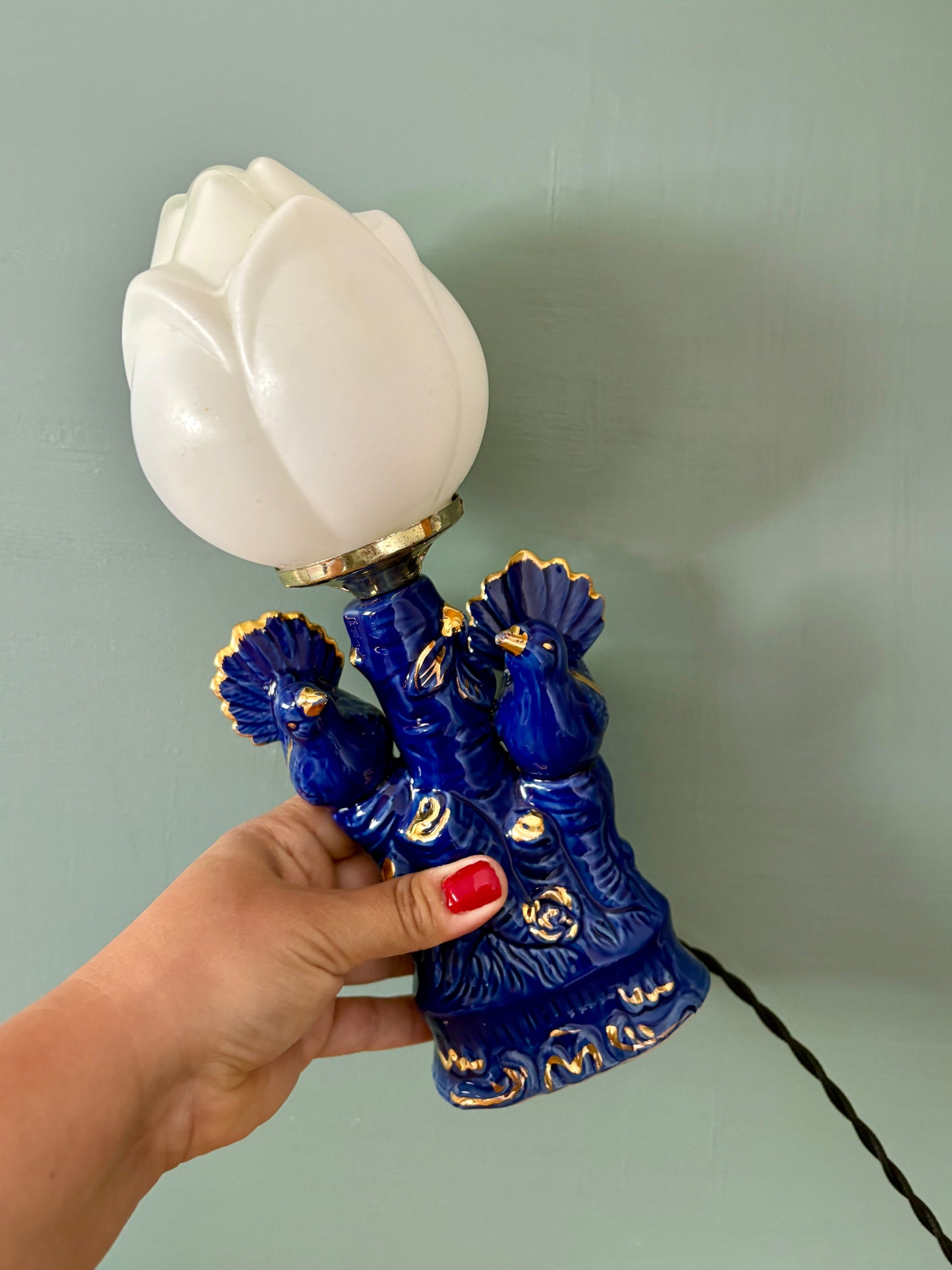 Lampe vintage en céramique bleu et ses oiseaux