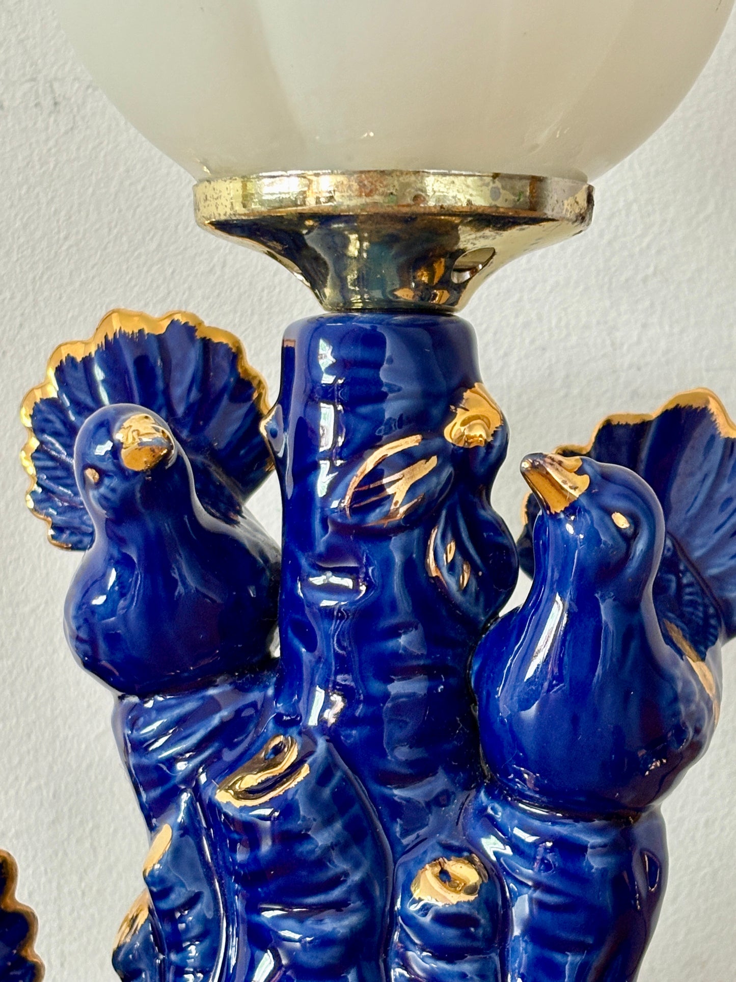 Lampe vintage en céramique bleu et ses oiseaux