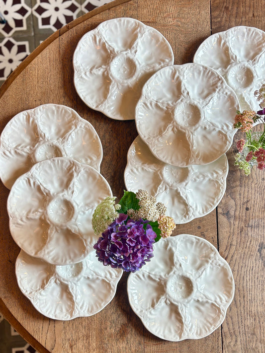 Lot de 8 assiettes à huîtres vintage en céramique blanche - Gien