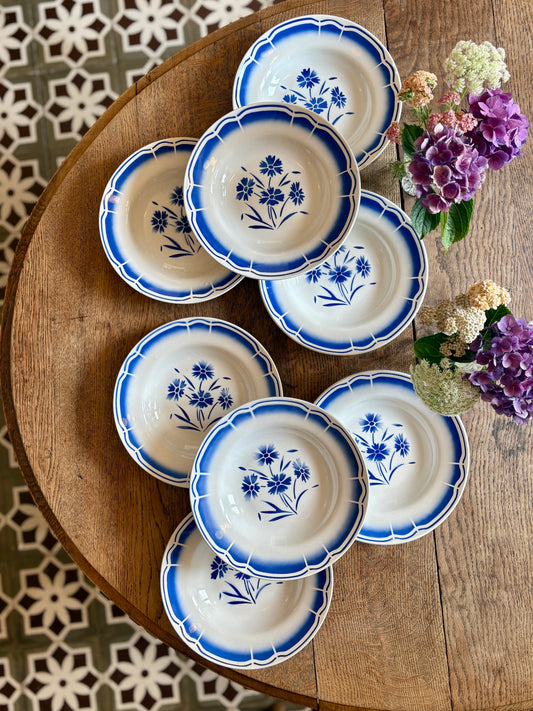 Lot de 8 assiettes creuses anciennes, décors de fleurs bleues