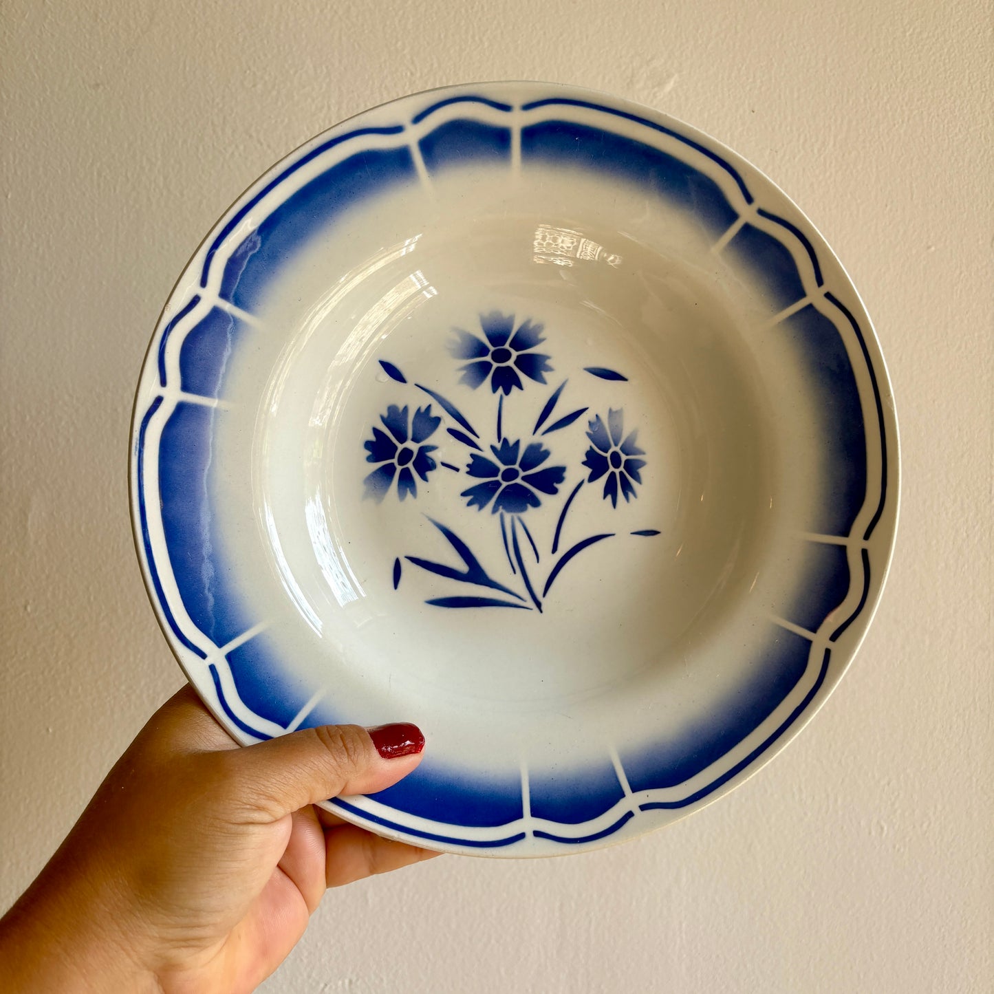 Lot de 8 assiettes creuses anciennes, décors de fleurs bleues