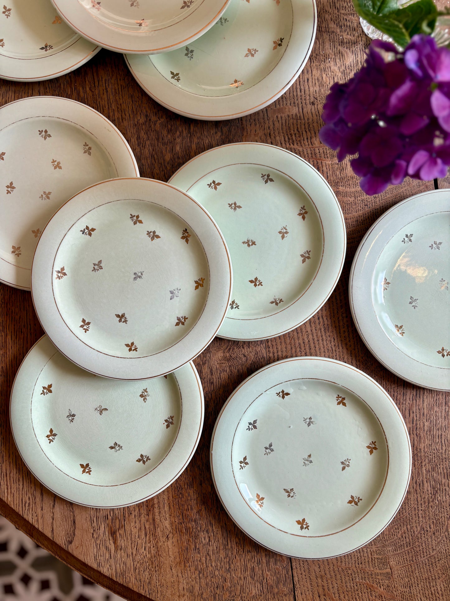 Lot de 10 assiettes vintage à dessert verts pâles et dorées - Salins