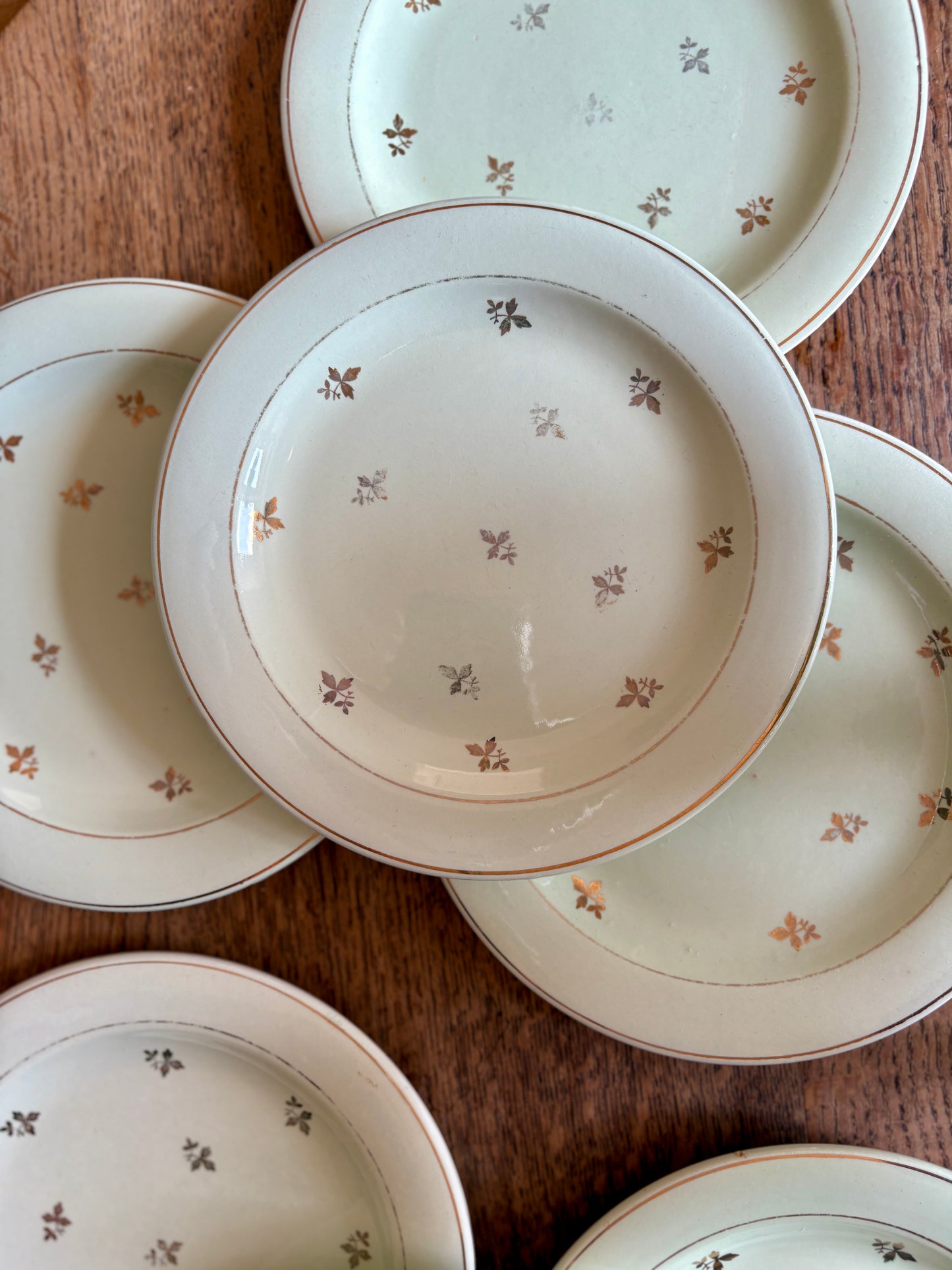 Lot de 10 assiettes vintage à dessert verts pâles et dorées - Salins