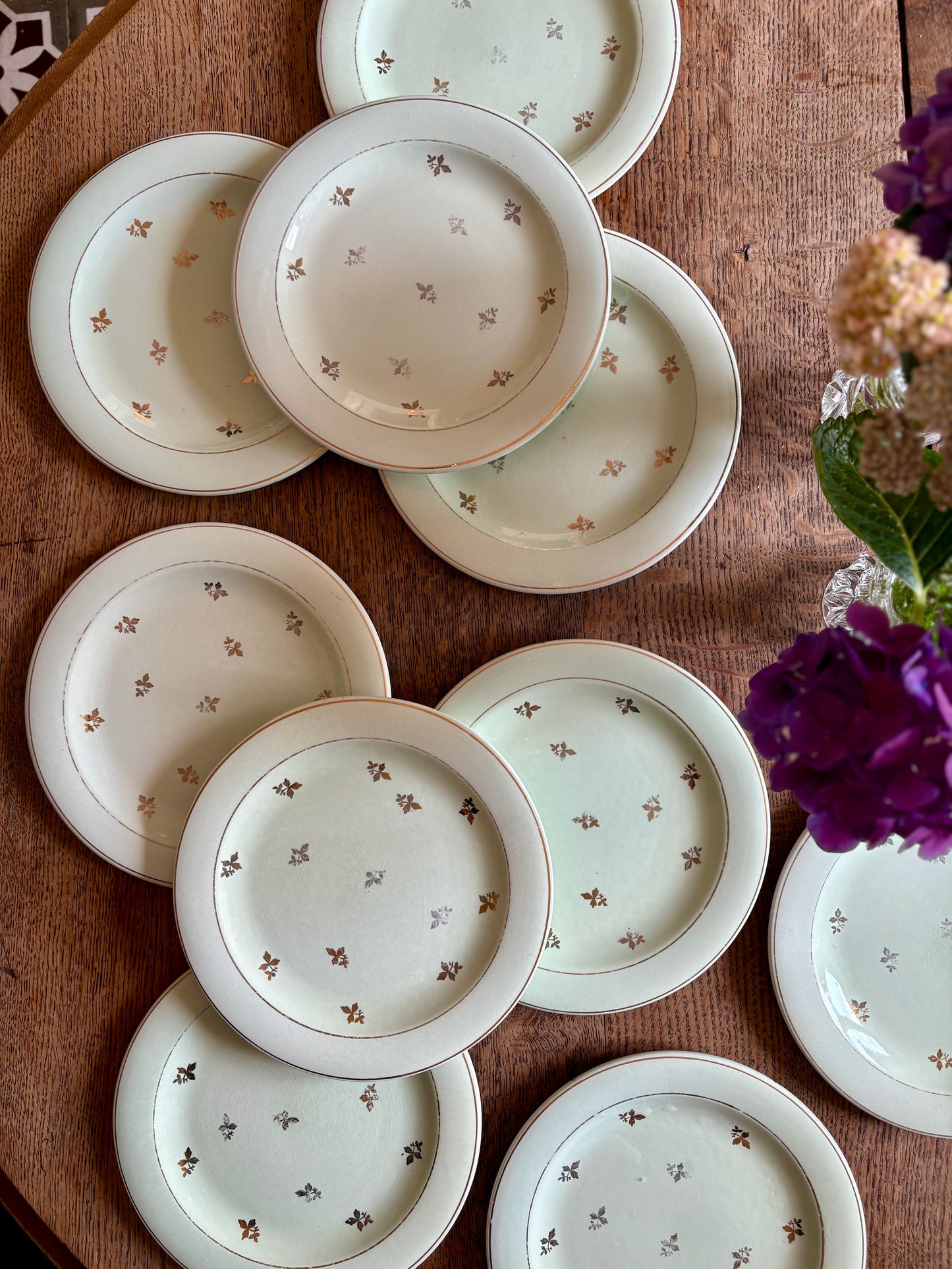 Lot de 10 assiettes vintage à dessert verts pâles et dorées - Salins