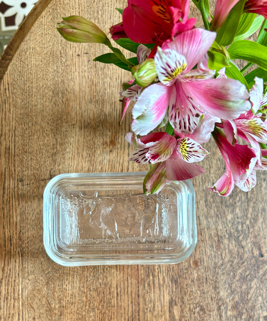 Beurrier vintage en verre décors de vache rectangulaire