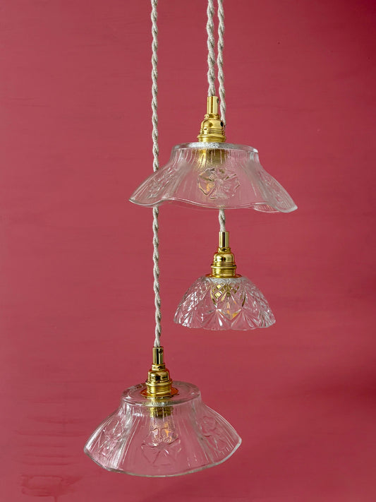 Suspension triple abat-jour vintage en verre - collection vaisselle