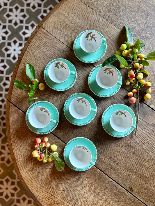 Lot de 7 tasses et soucoupes à café vintage décors d'oiseaux
