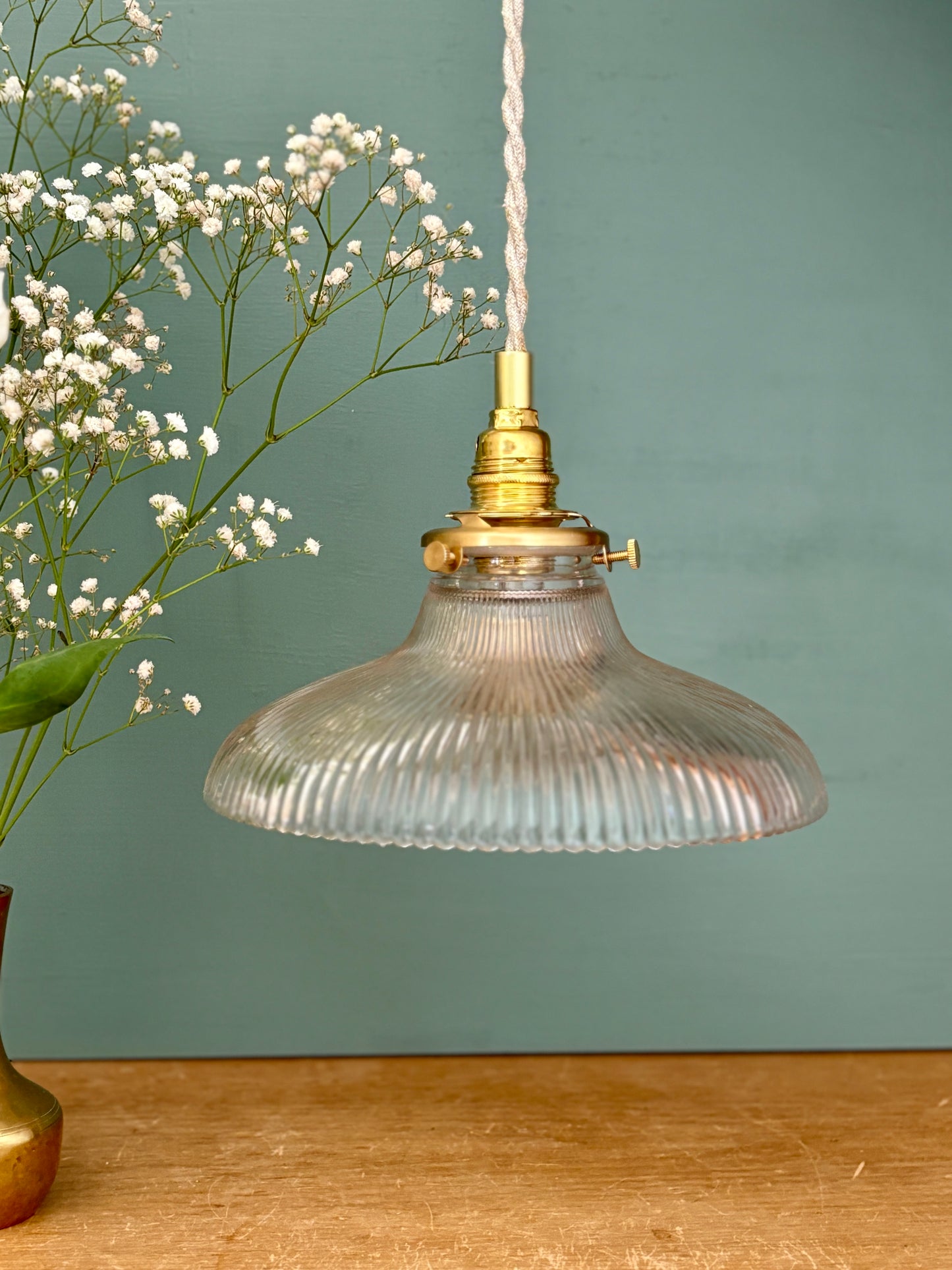 Suspension abat-jour vintage en verre holophane