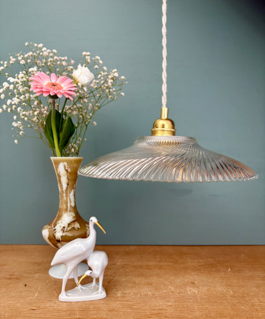 Suspension abat-jour vintage en verre moulé strié - collection vaisselle -