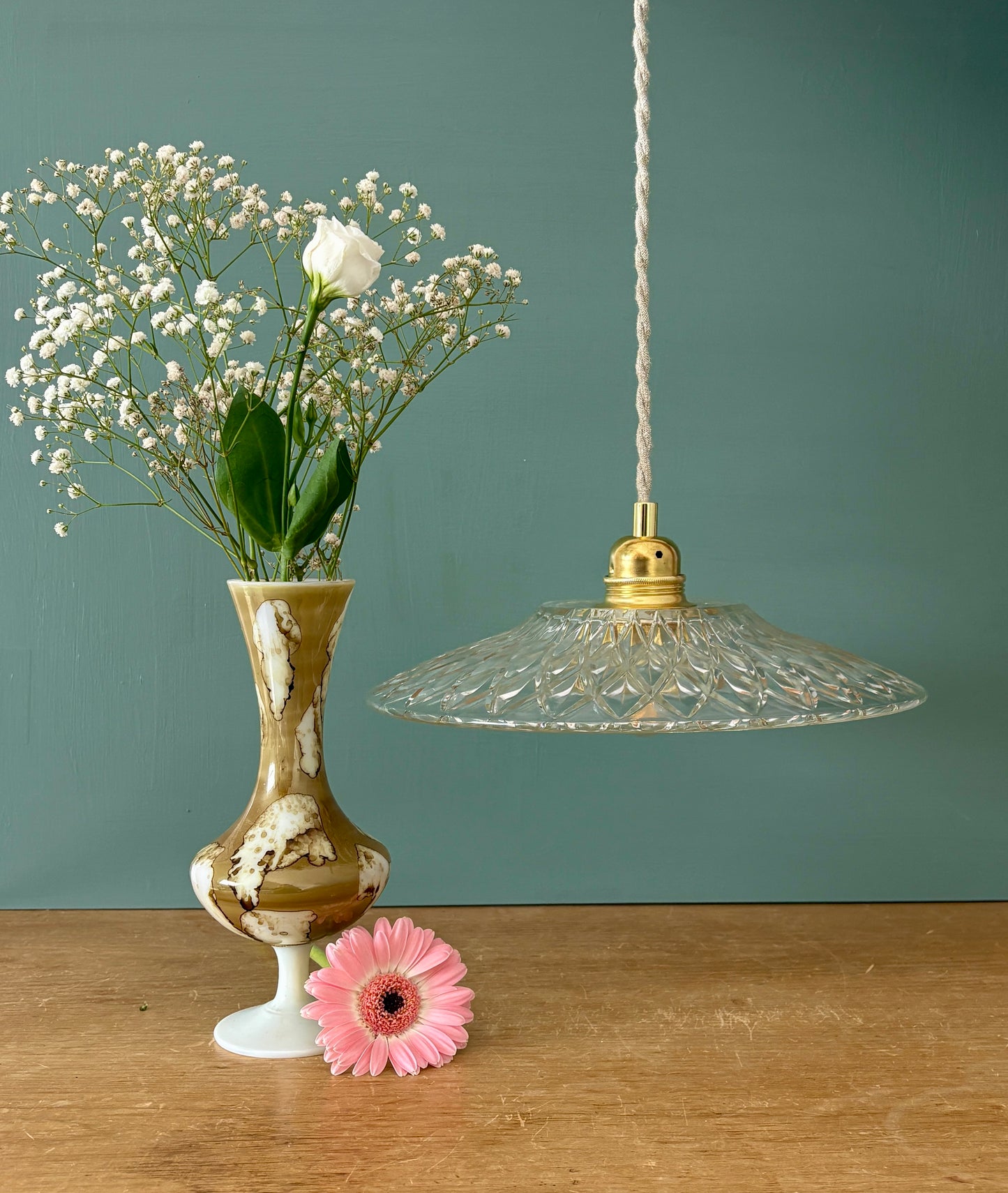 Suspension abat-jour vintage en verre moulé - collection vaisselle -