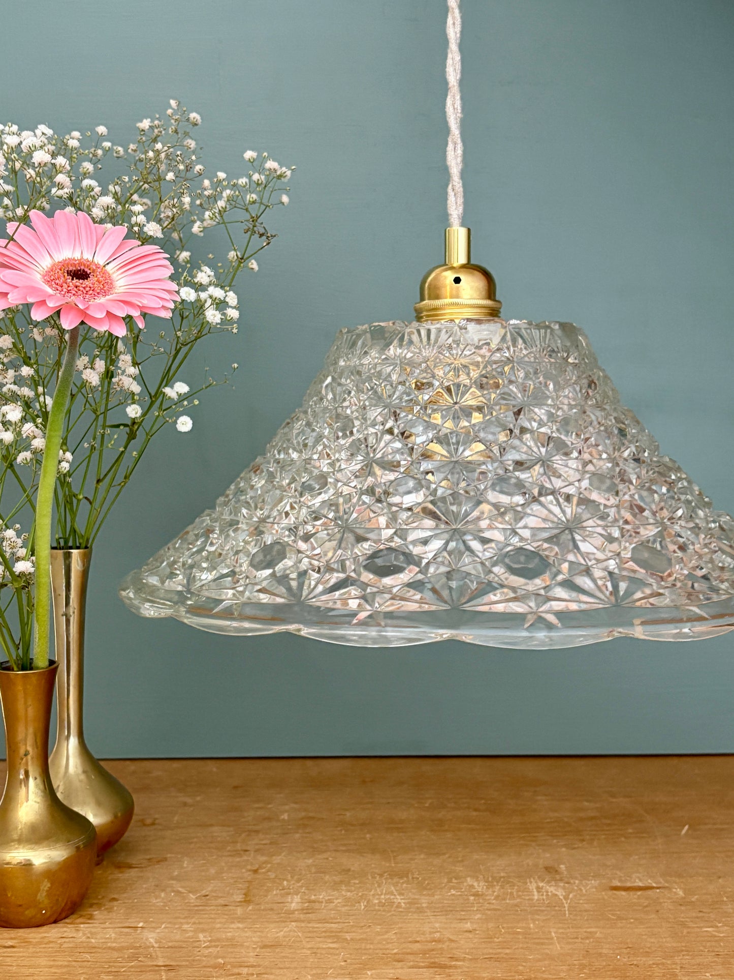 Suspension abat-jour vintage en verre moulé - collection vaisselle -