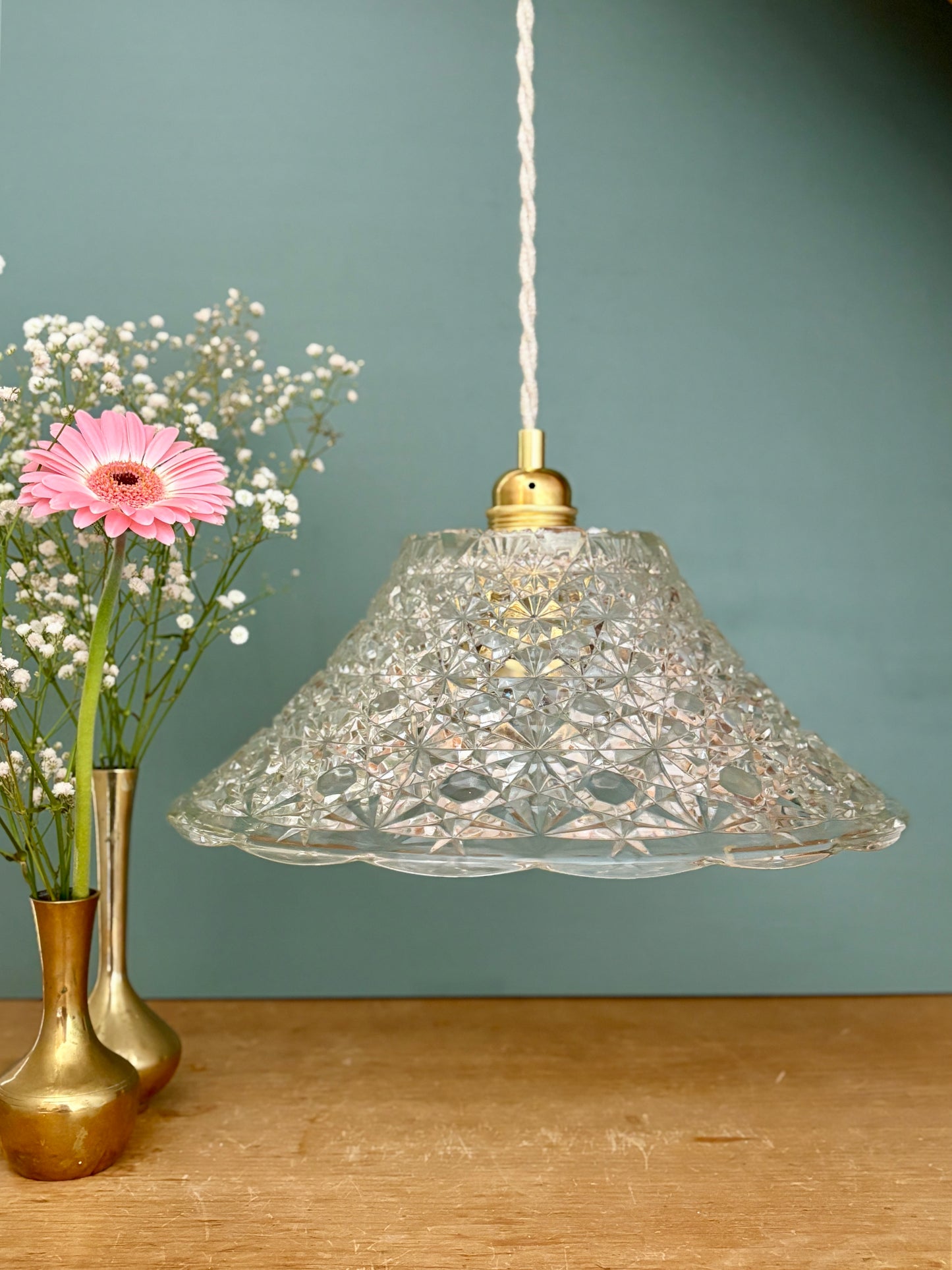 Suspension abat-jour vintage en verre moulé - collection vaisselle -