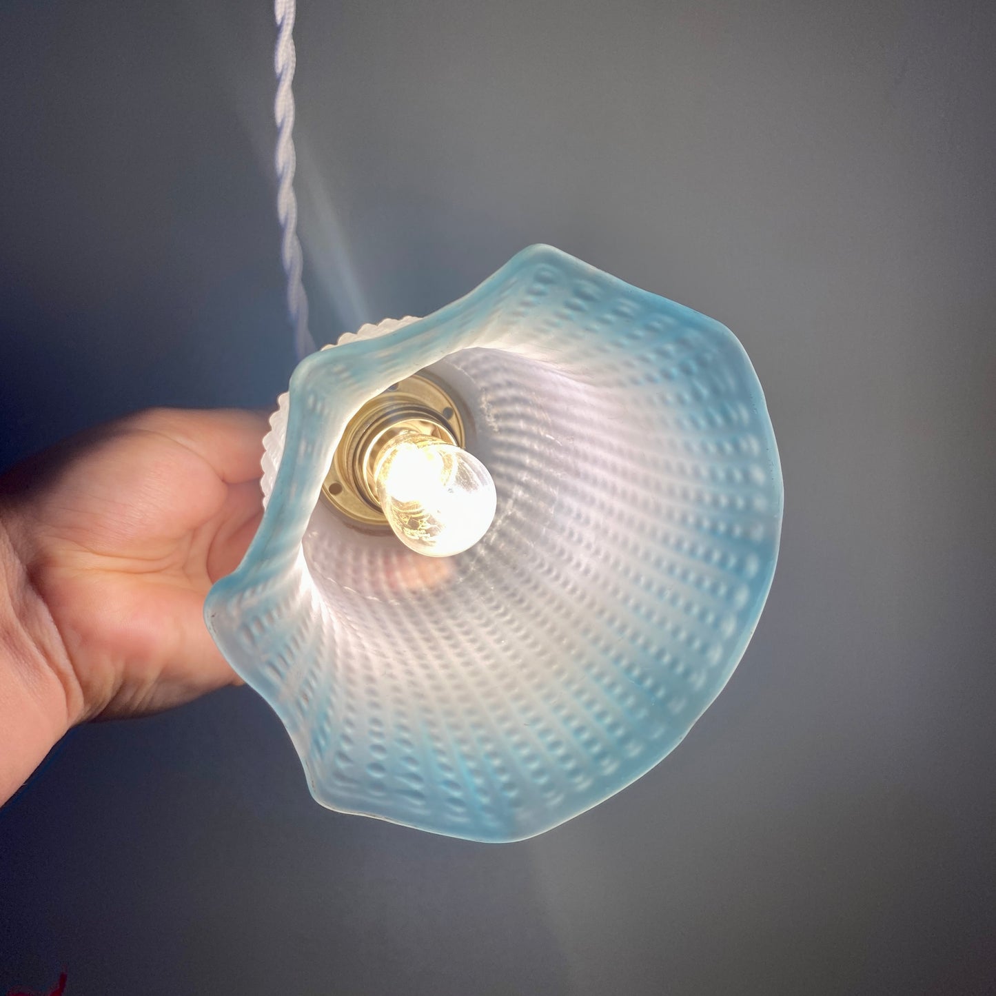 Baladeuse tulipe vintage en verre dépoli blanc et bleu