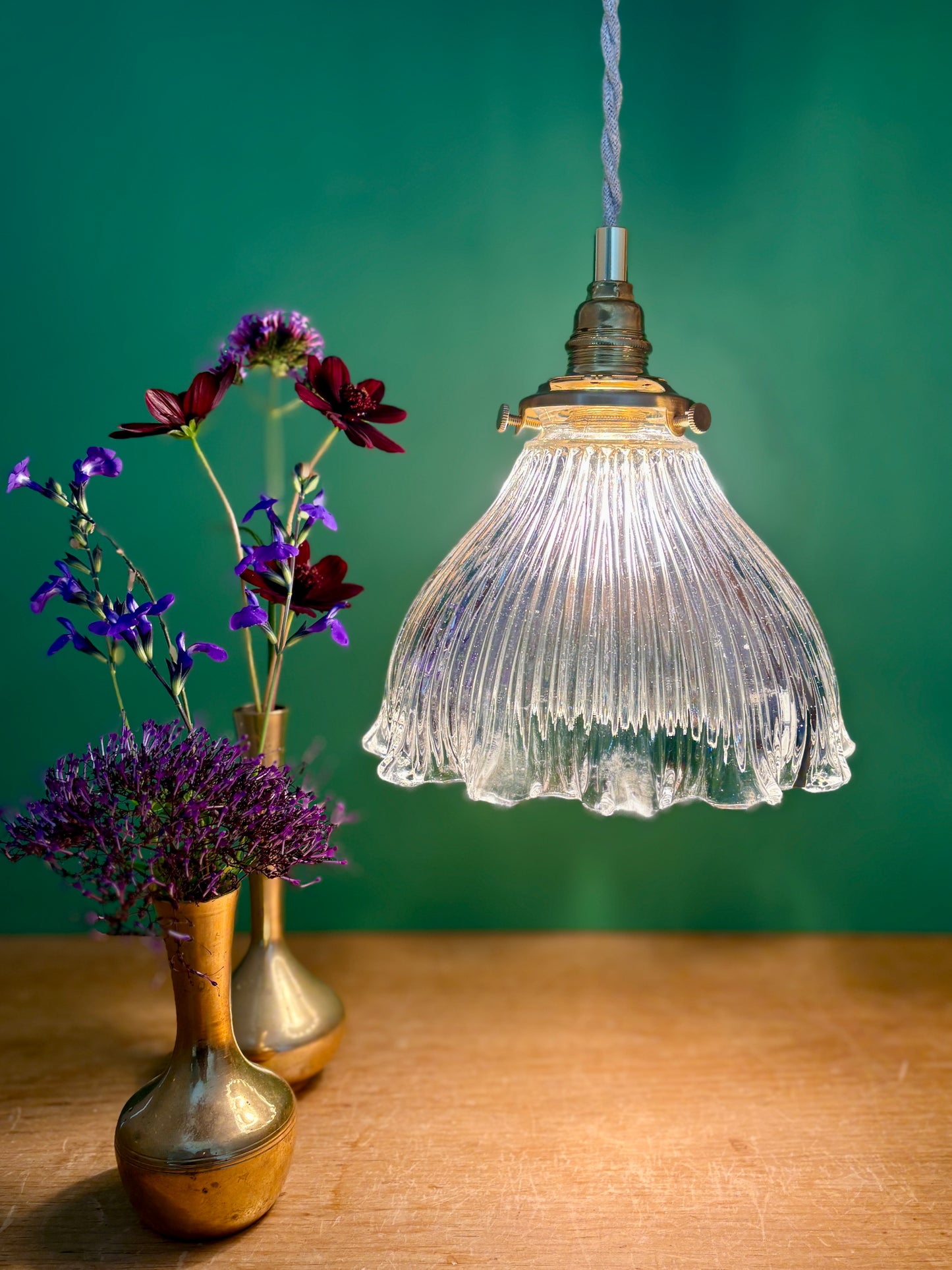 Suspension abat-jour vintage en verre holophane (HU1)