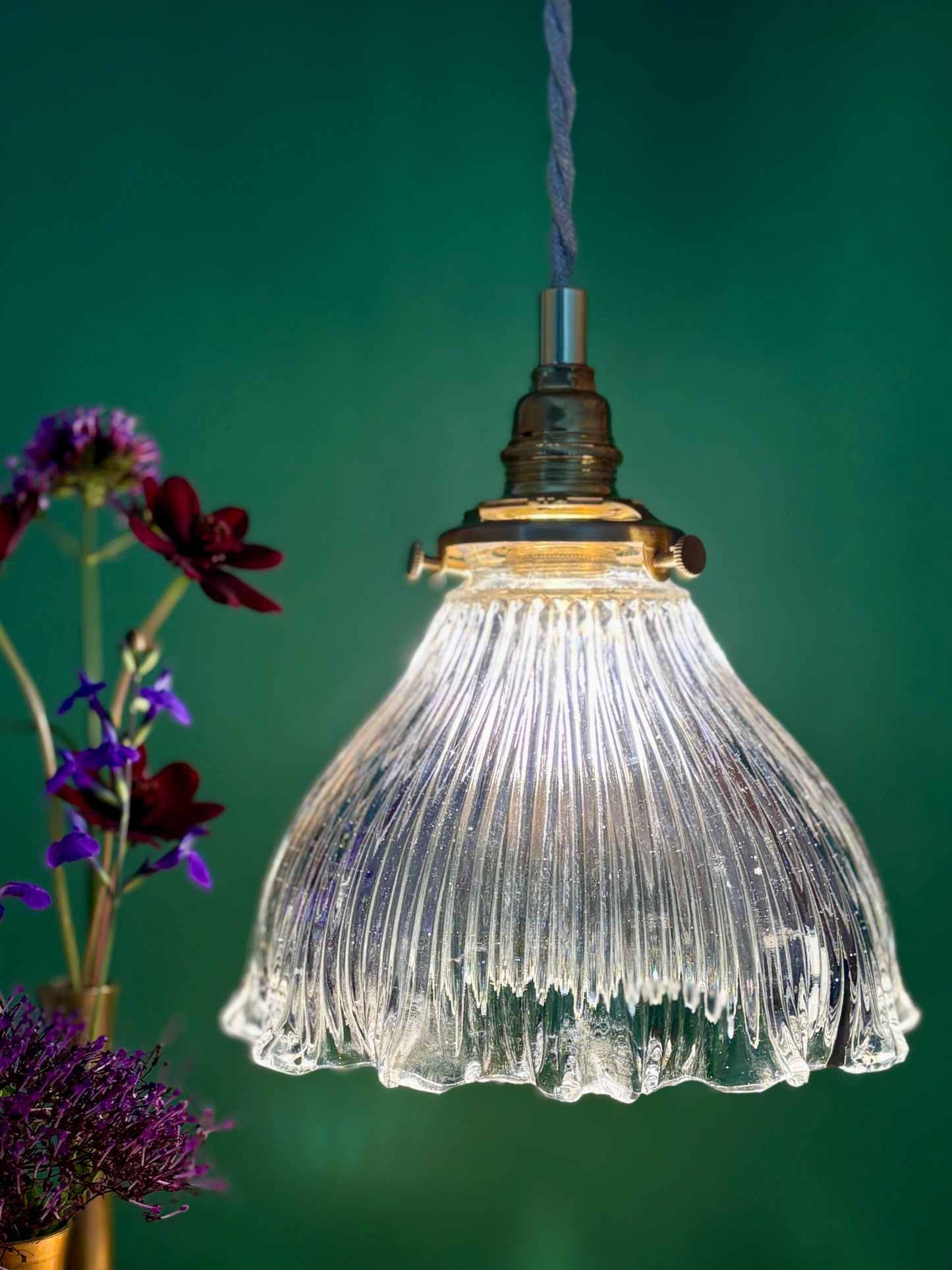 Suspension abat-jour vintage en verre holophane (HU1)