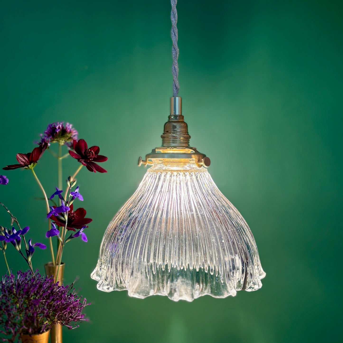 Suspension abat-jour vintage en verre holophane (HU1)