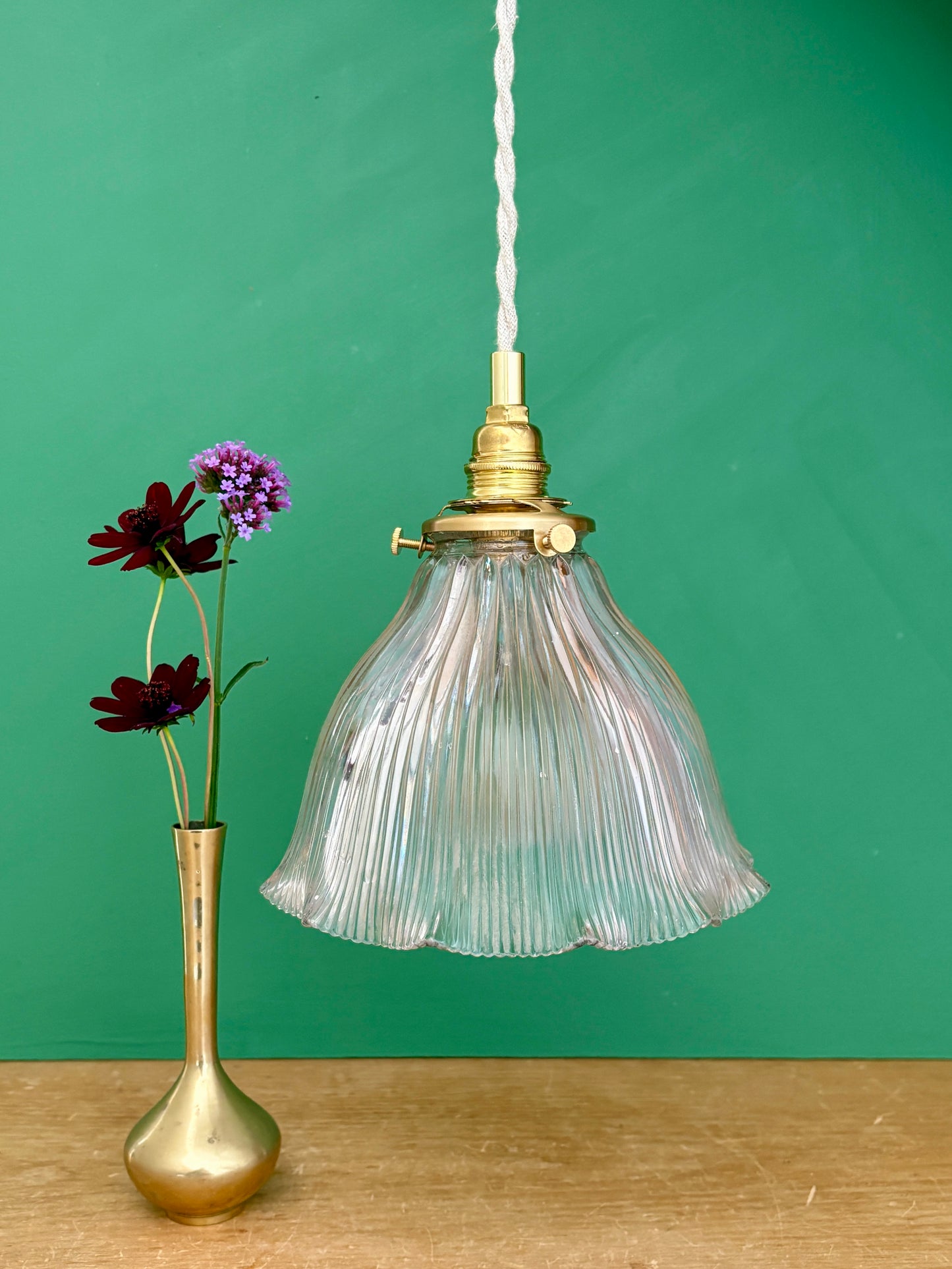 Suspension abat-jour ancien en verre holophane (HU2)