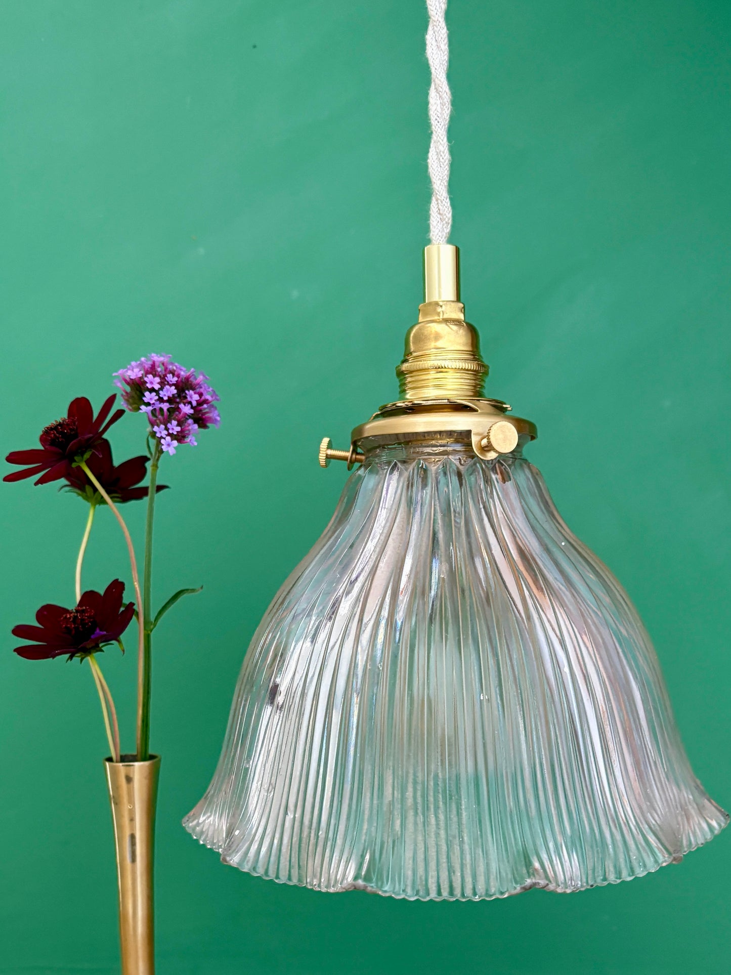 Suspension abat-jour ancien en verre holophane (HU2)