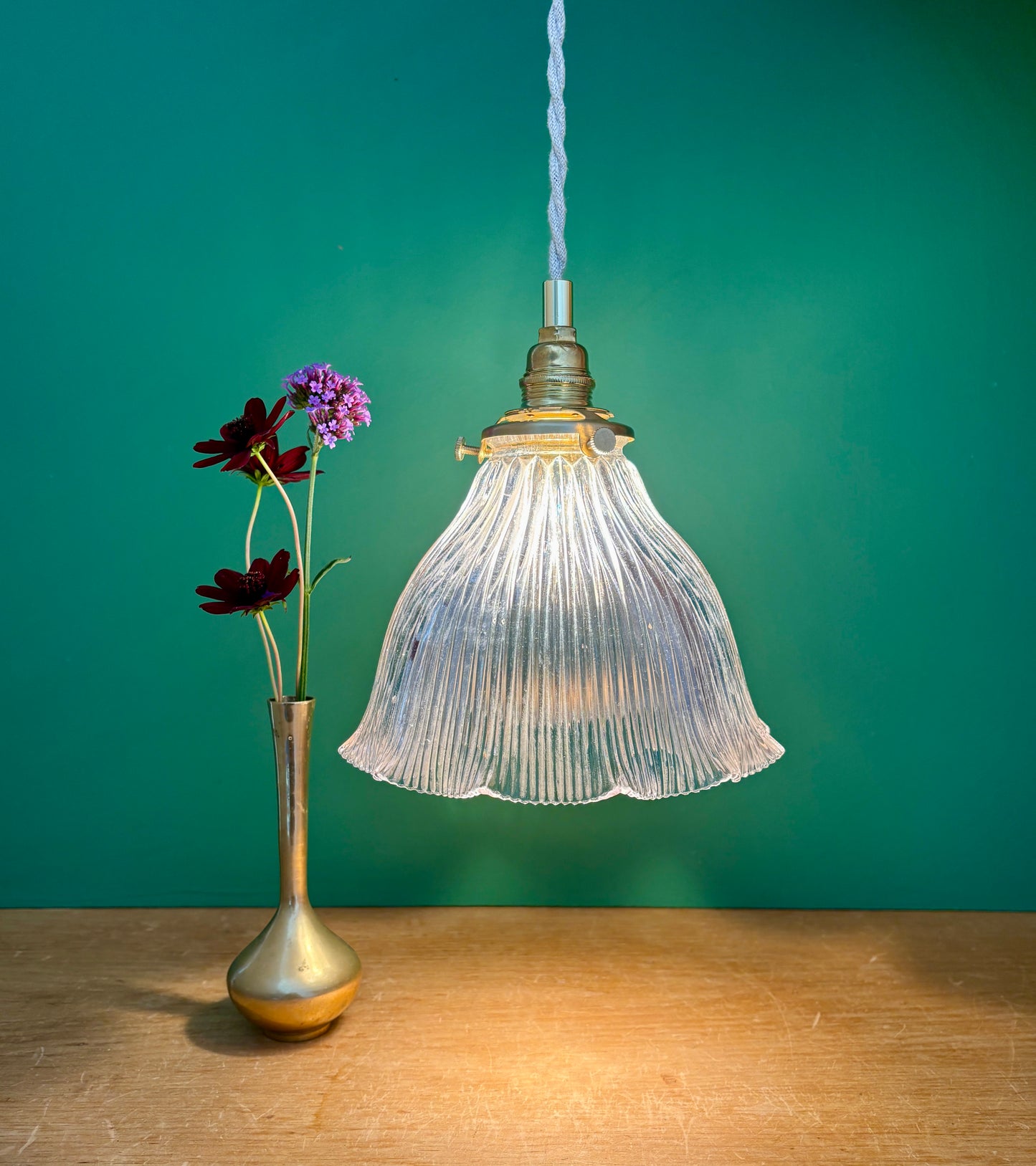 Suspension abat-jour ancien en verre holophane (HU2)