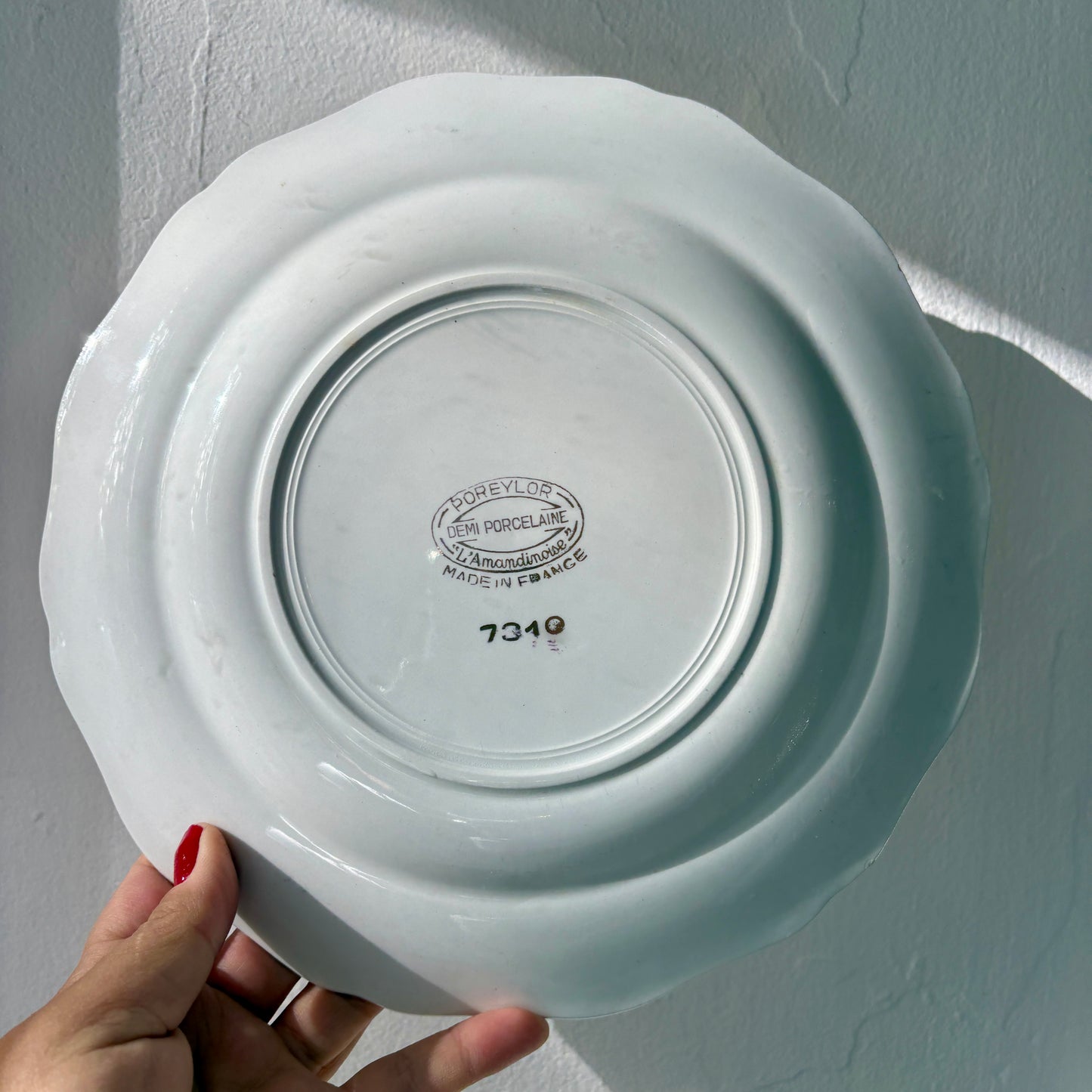 Lot de 12 assiettes plates vintage en demi porcelaine avec détails dorés - L'amandinoise