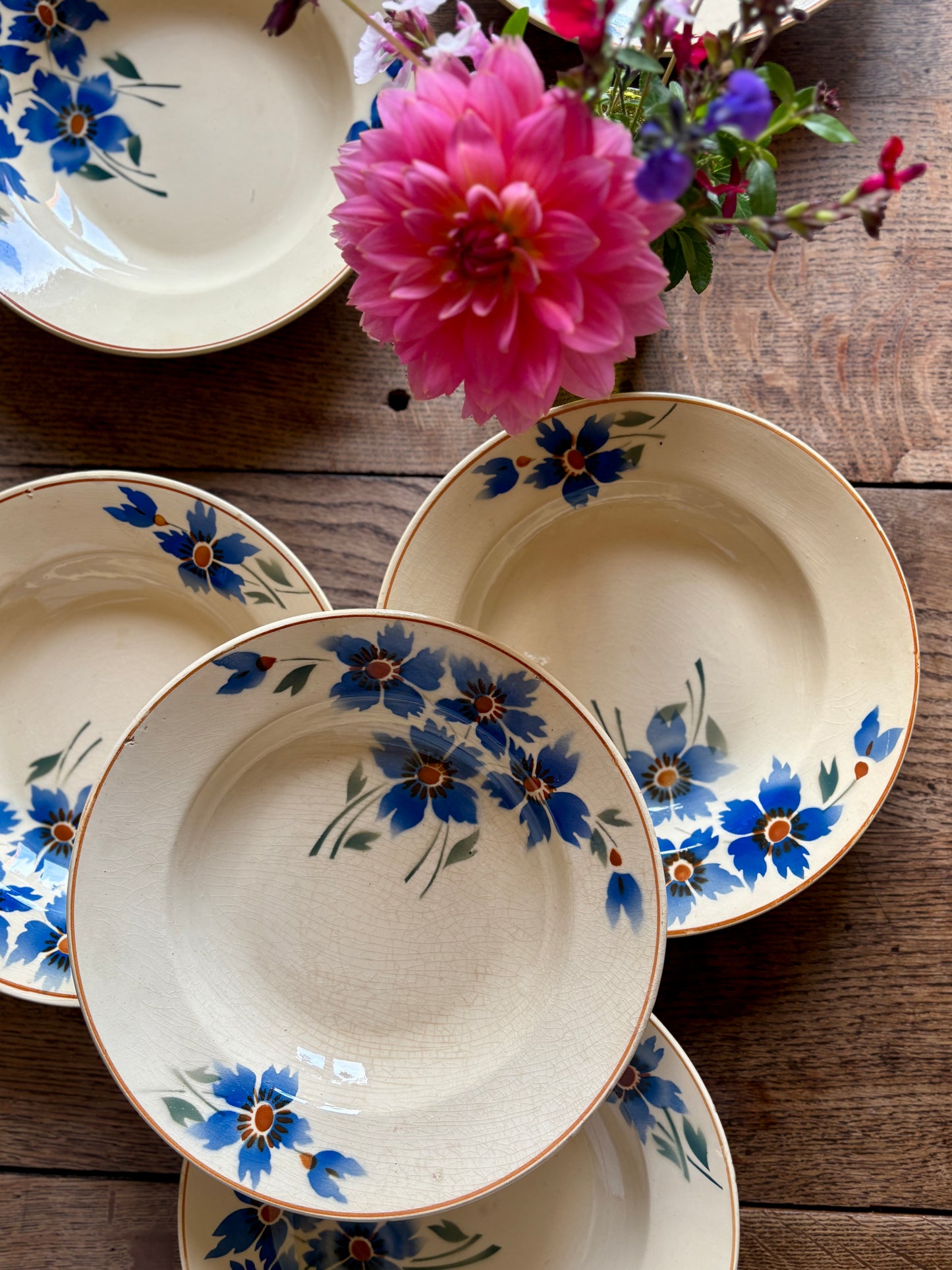 Lot de 6 assiettes creuses anciennes décors de bleuets