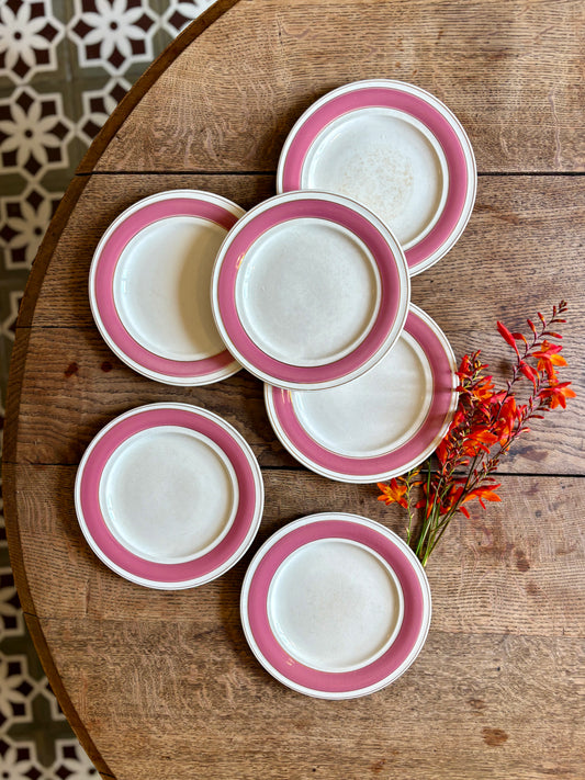 Lot de 6 assiettes à dessert anciennes, roses et dorées - Pyla