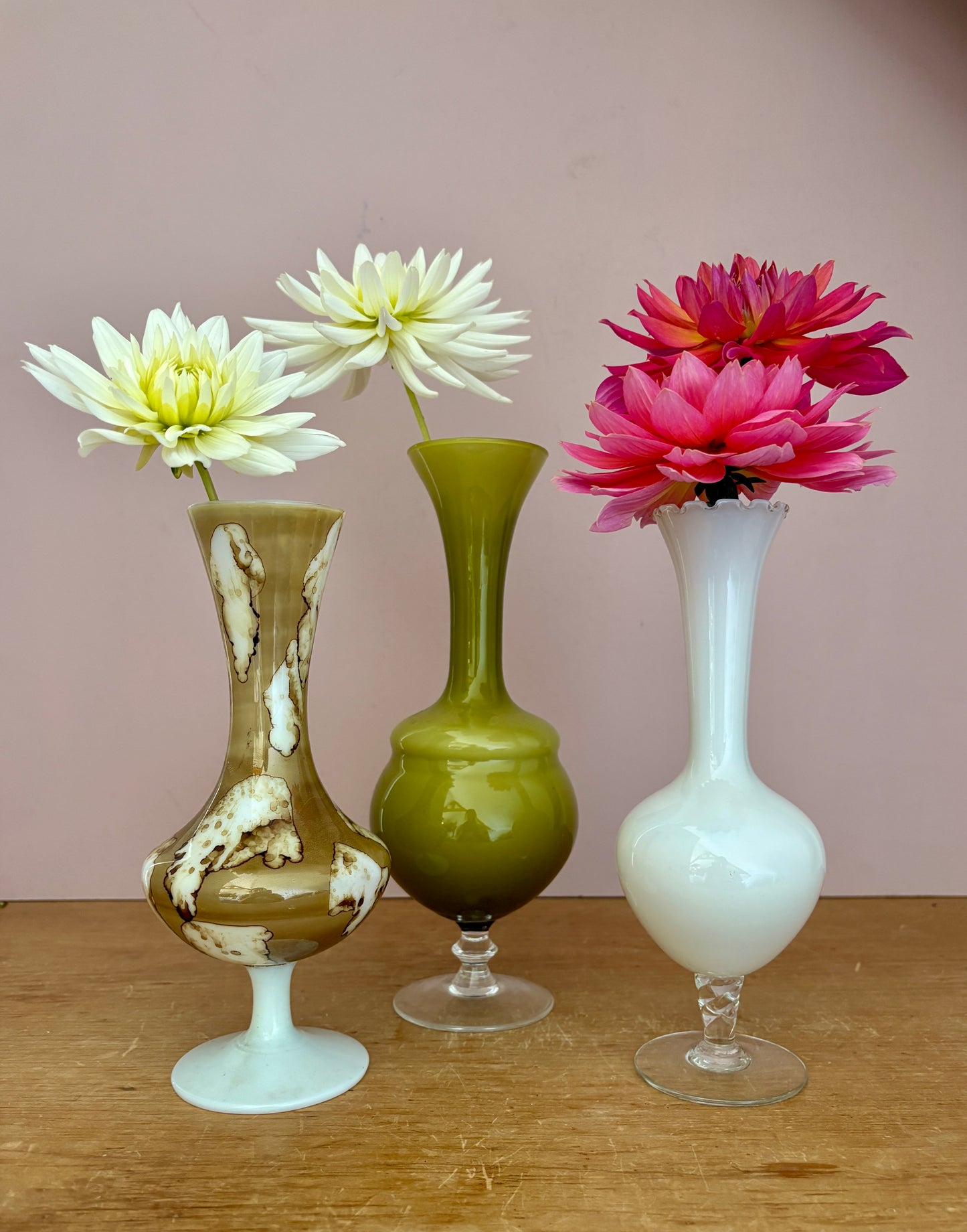 Lot de 3 vase vintage en verre et opaline