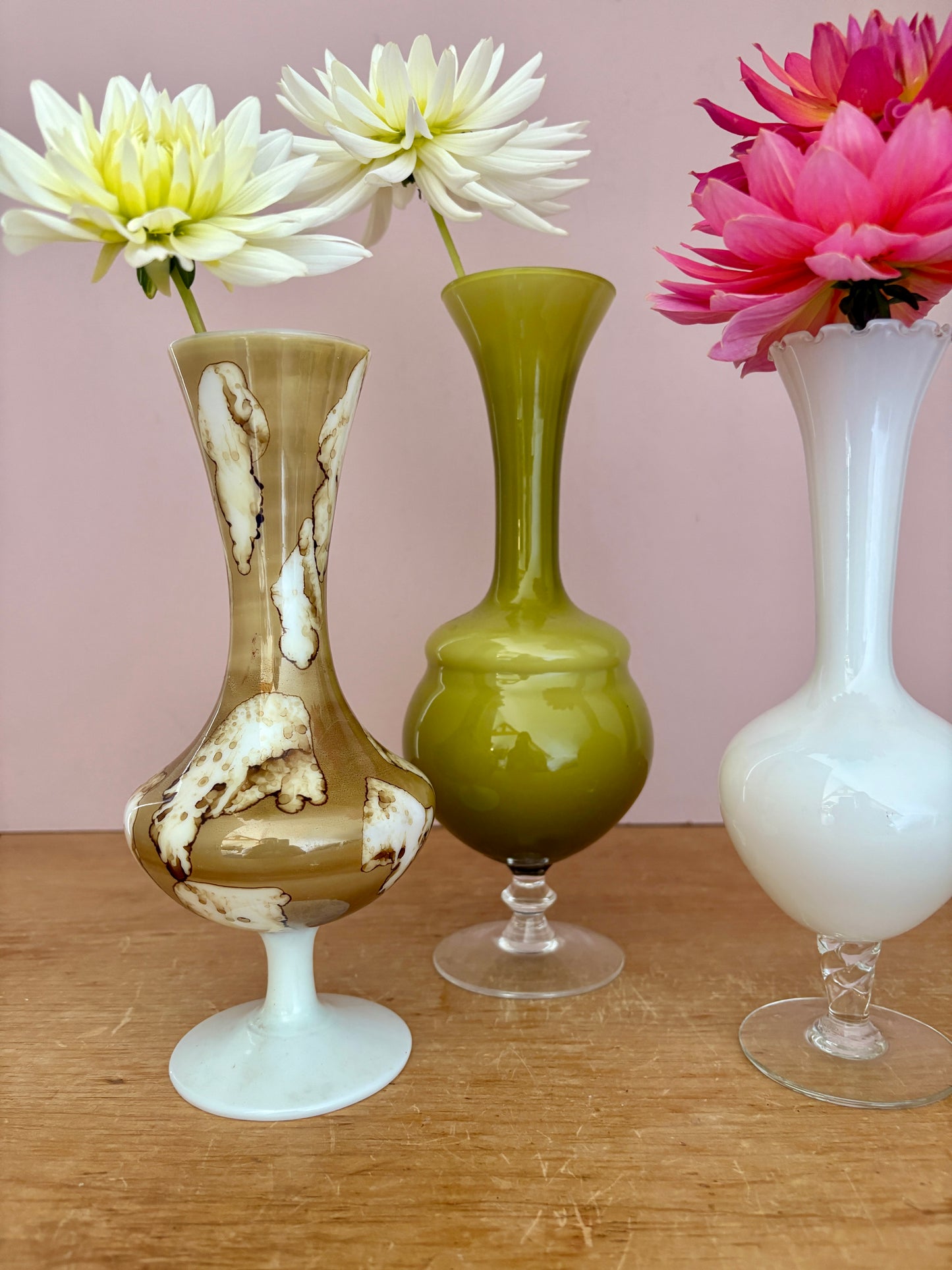 Lot de 3 vase vintage en verre et opaline