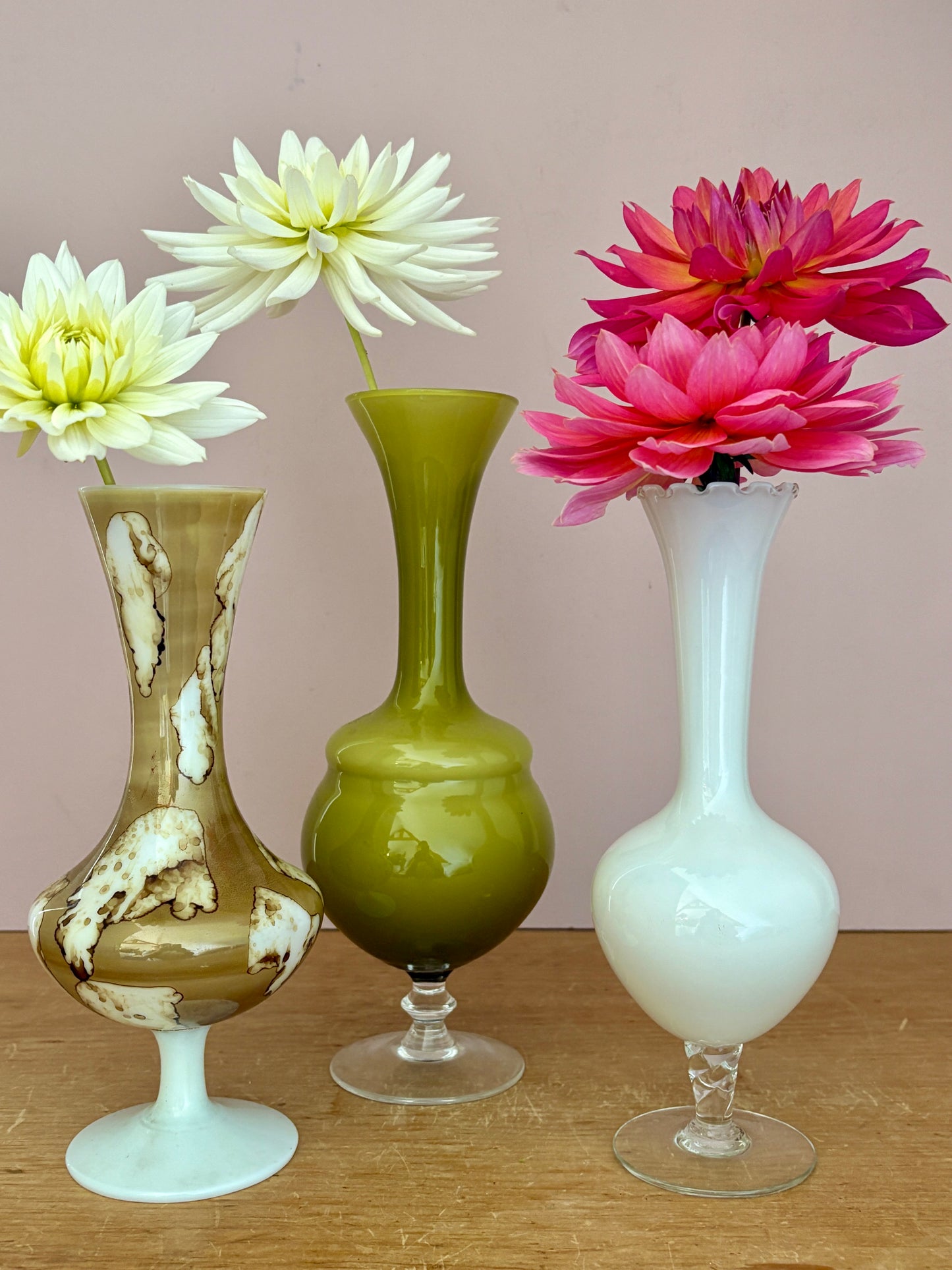 Lot de 3 vase vintage en verre et opaline