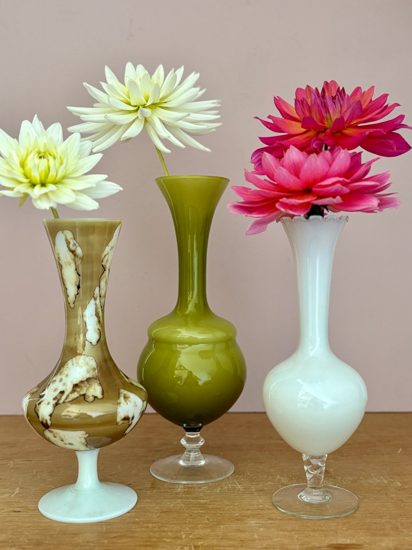 Lot de 3 vase vintage en verre et opaline