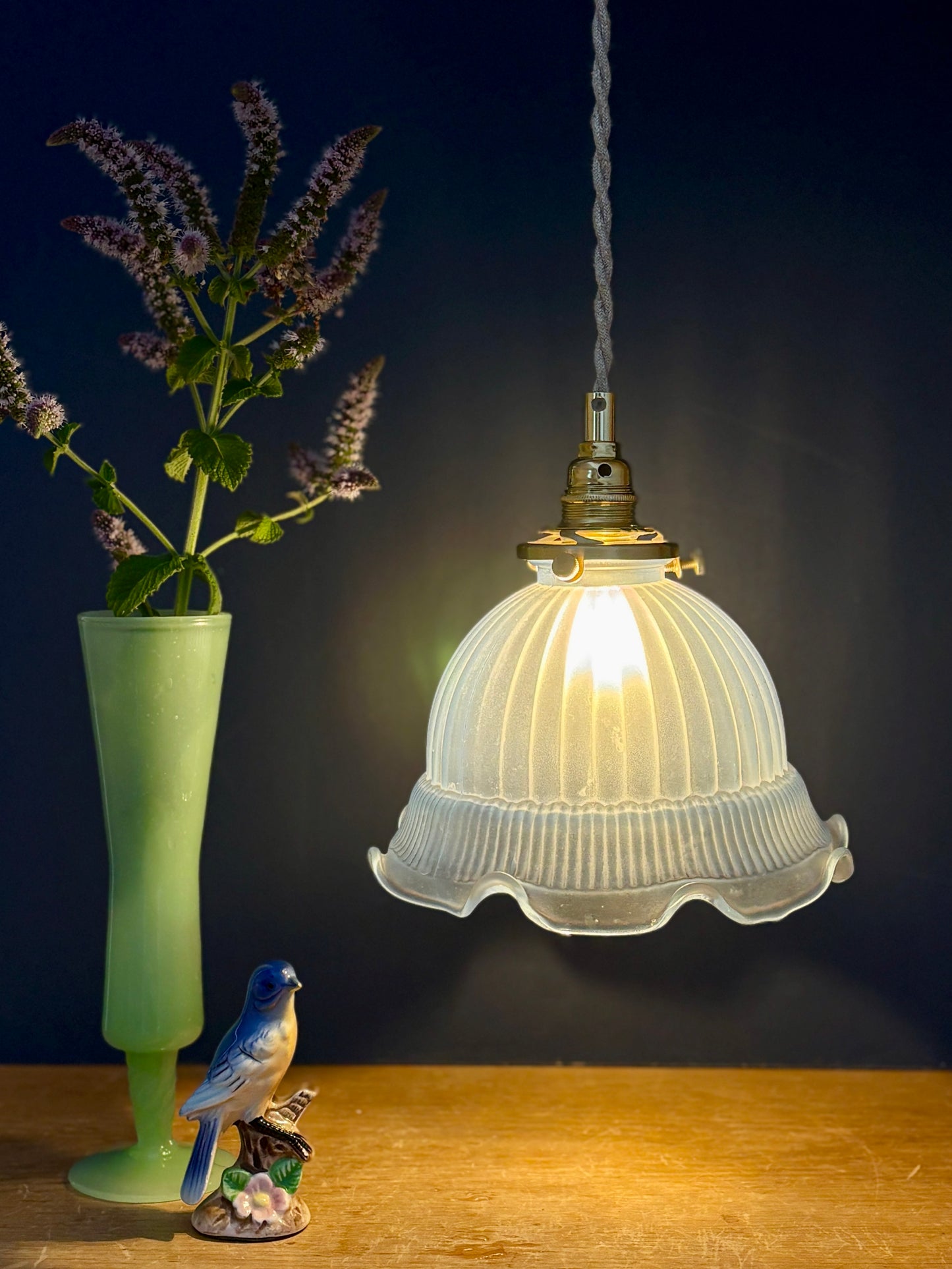 Suspension abat-jour vintage en verre bleu