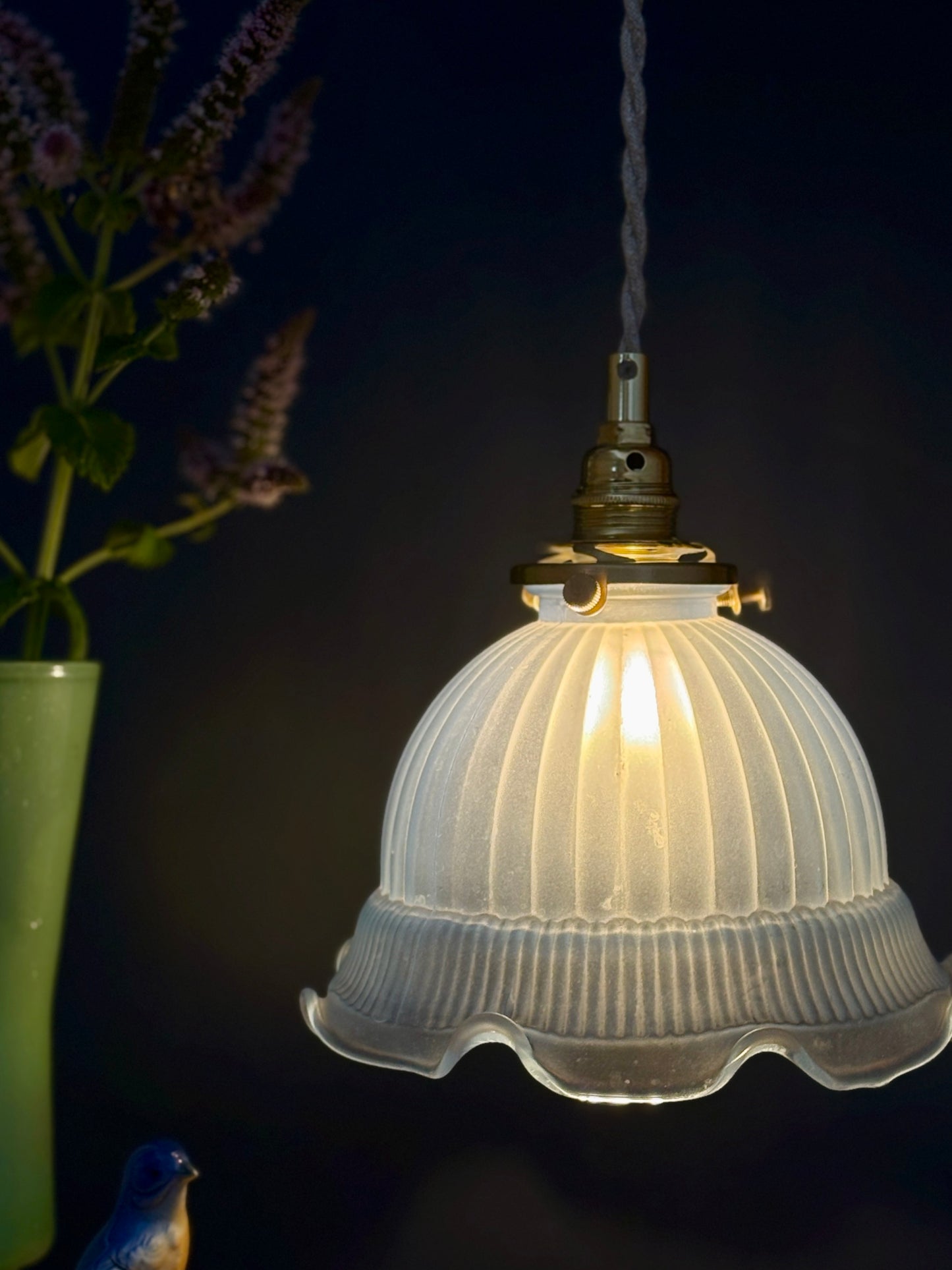 Suspension abat-jour vintage en verre bleu