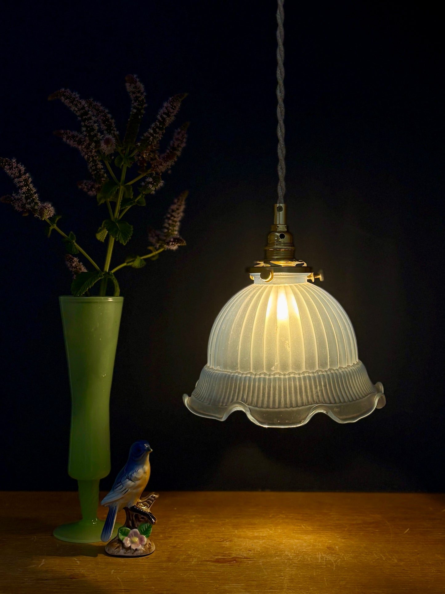 Suspension abat-jour vintage en verre bleu