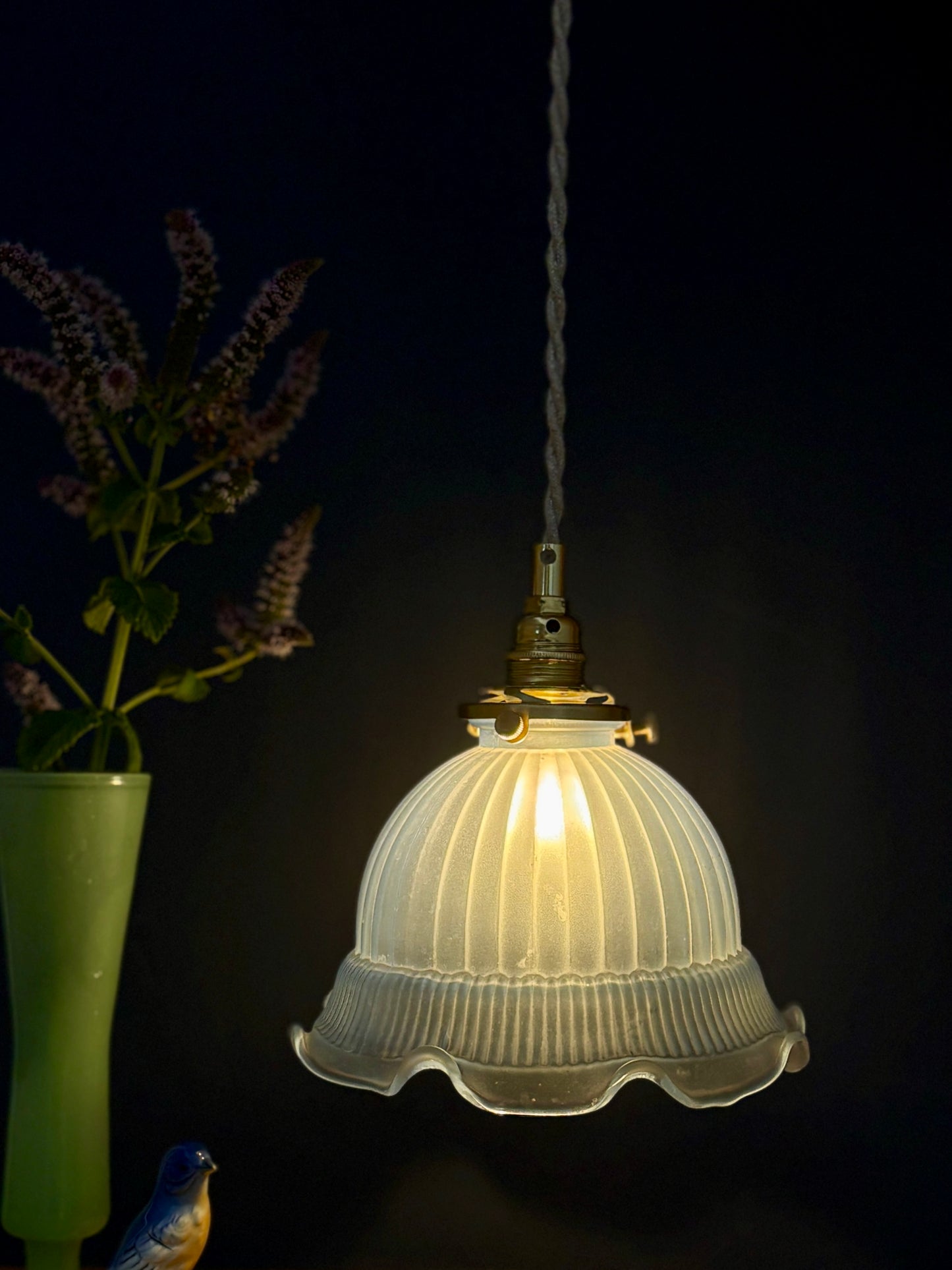 Suspension abat-jour vintage en verre bleu