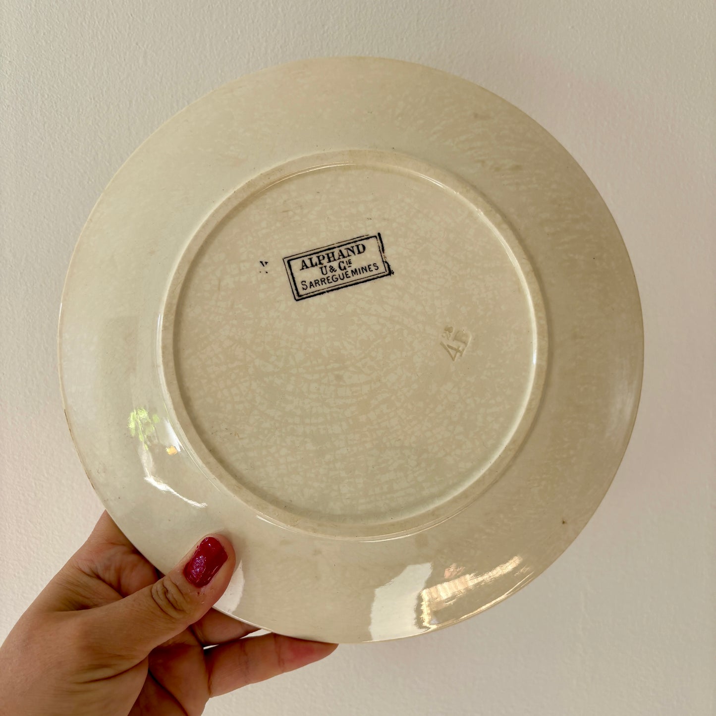 Lot de 6 assiettes plates anciennes en terre de fer modèle Alphand de Sarreguemines