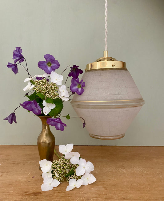 Suspension globe vintage art déco en verre granité banc et doré