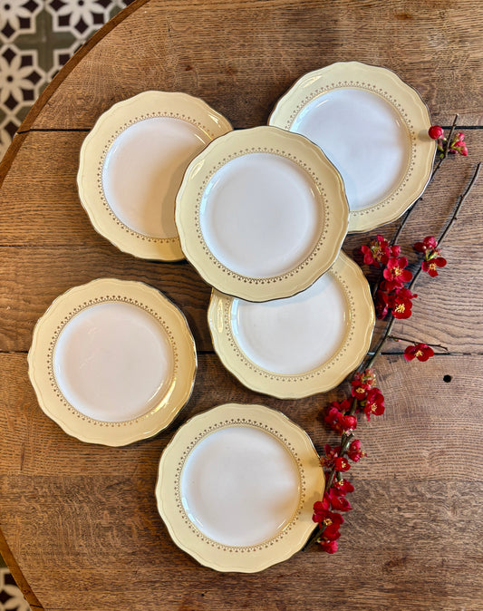 Lot de 6 assiettes plates vintage blanches avec frise jaune et dorée