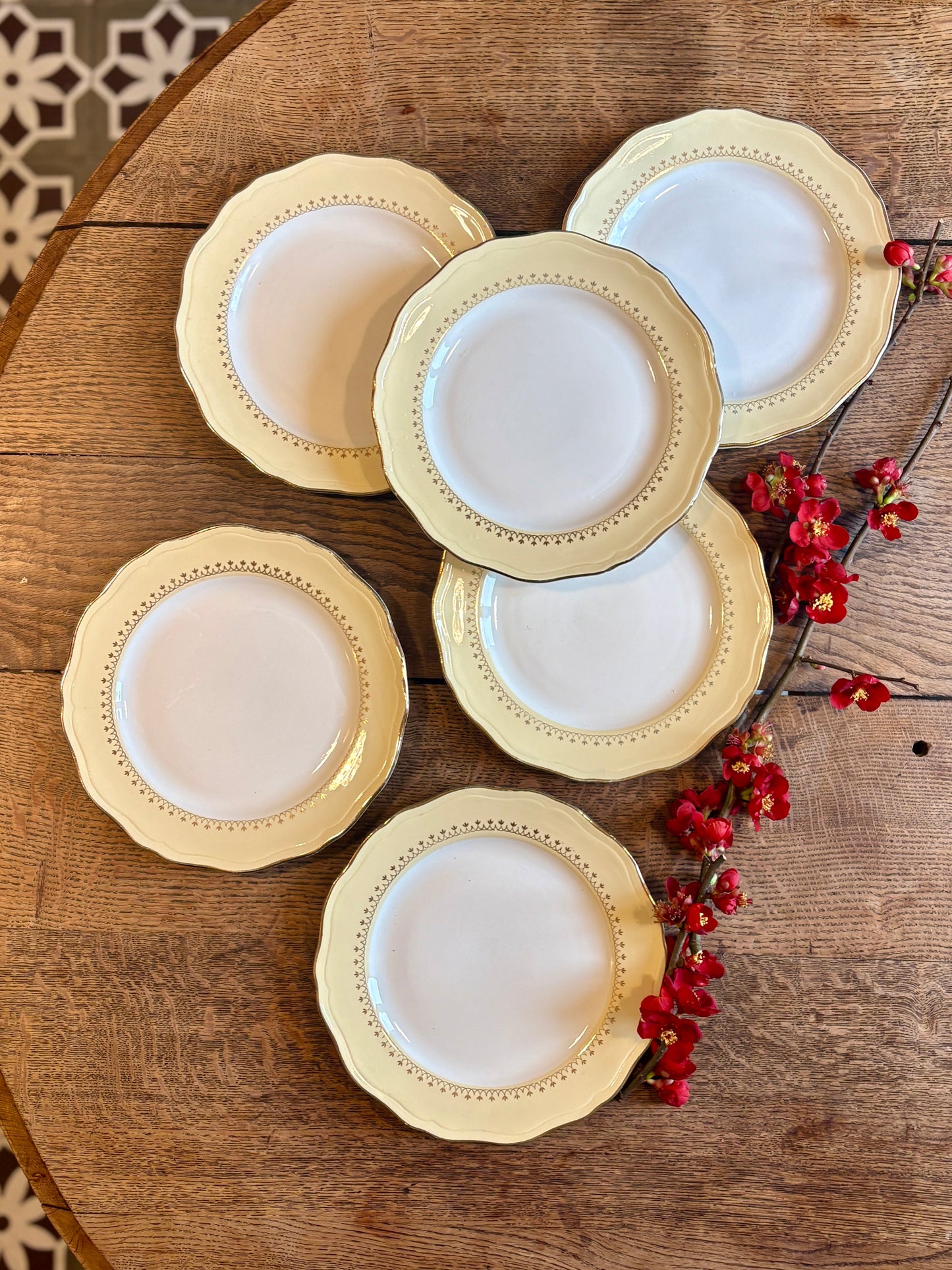 Lot de 6 assiettes plates vintage blanches avec frise jaune et dorée