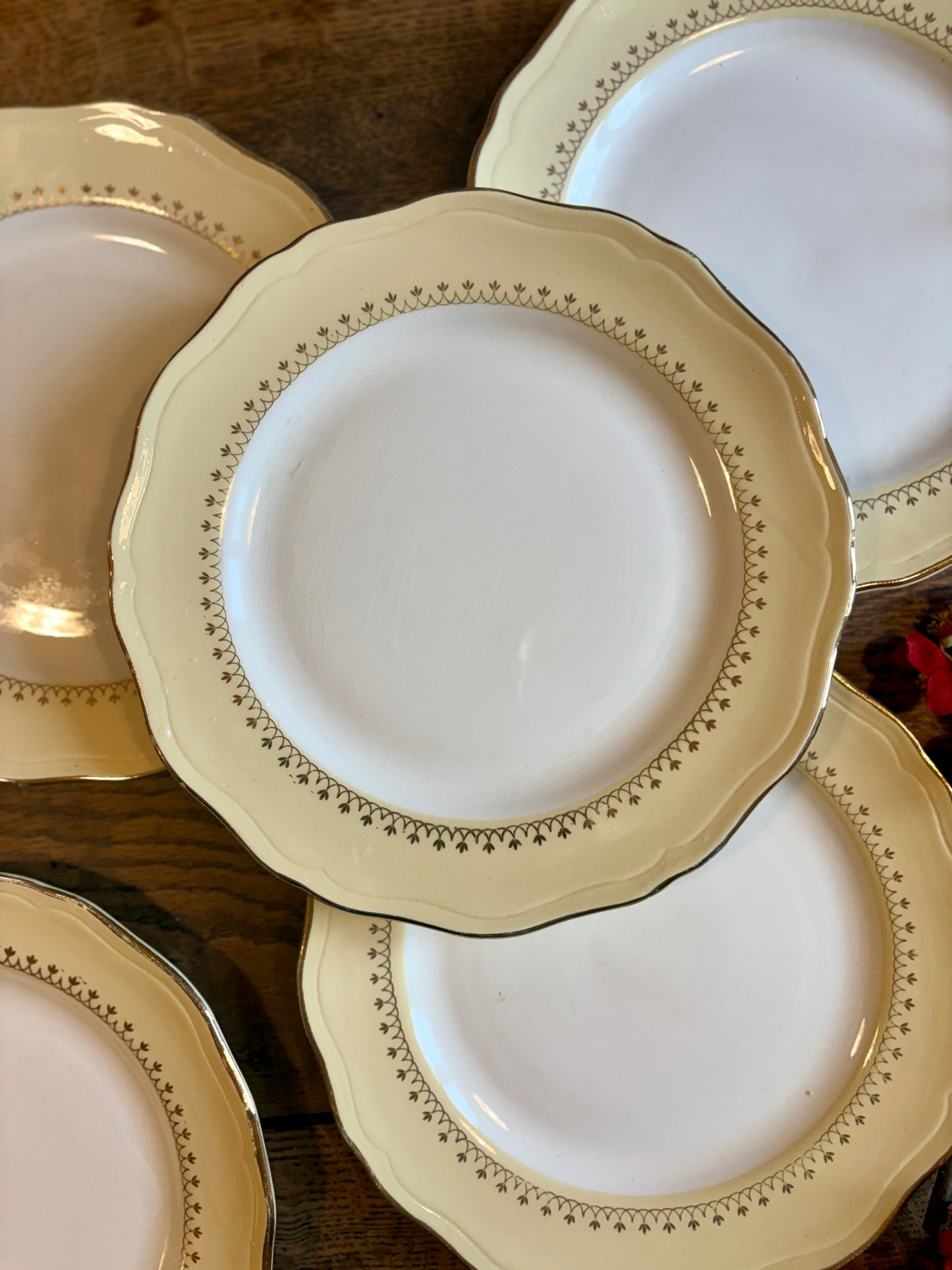 Lot de 6 assiettes plates vintage blanches avec frise jaune et dorée