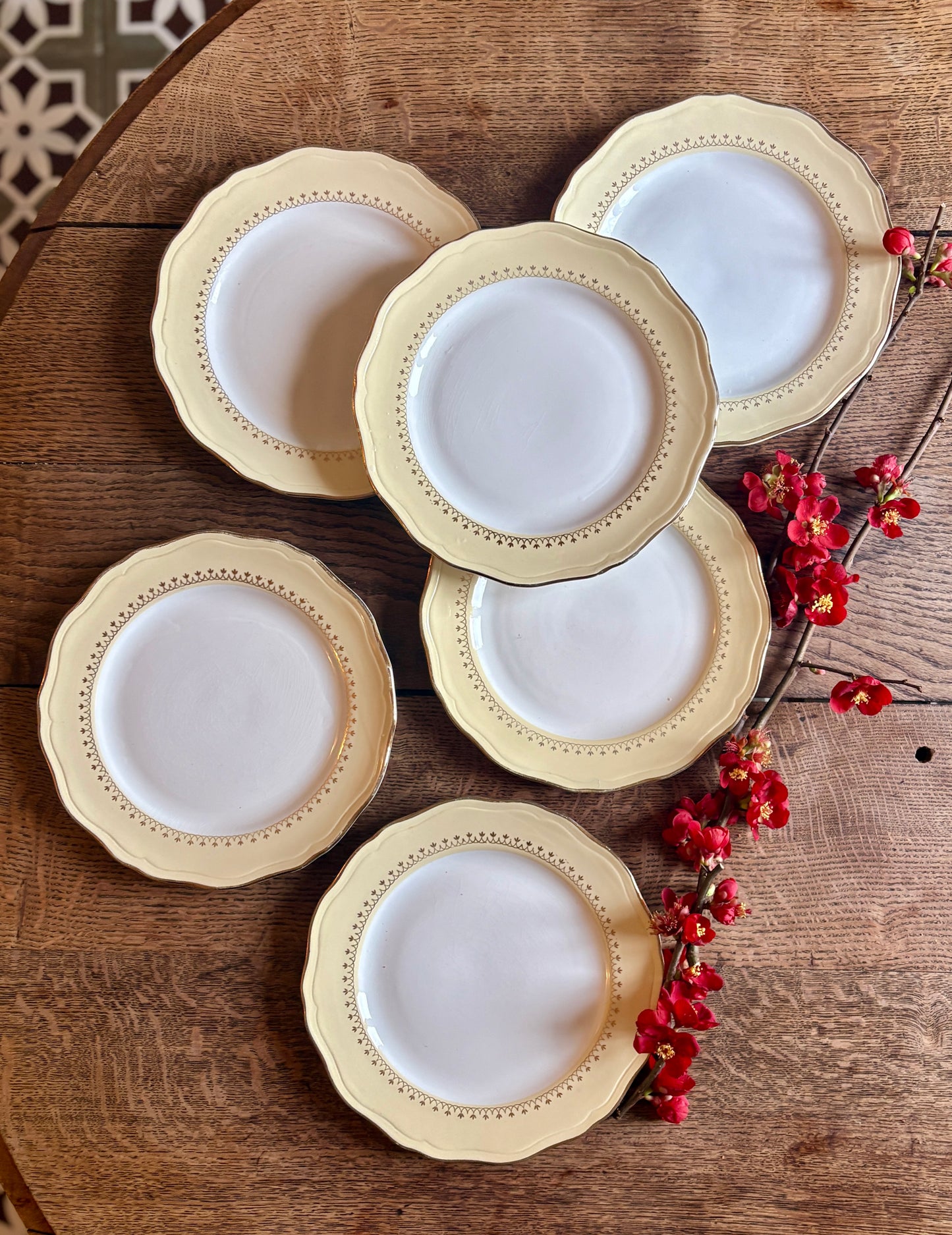 Lot de 6 assiettes plates vintage blanches avec frise jaune et dorée