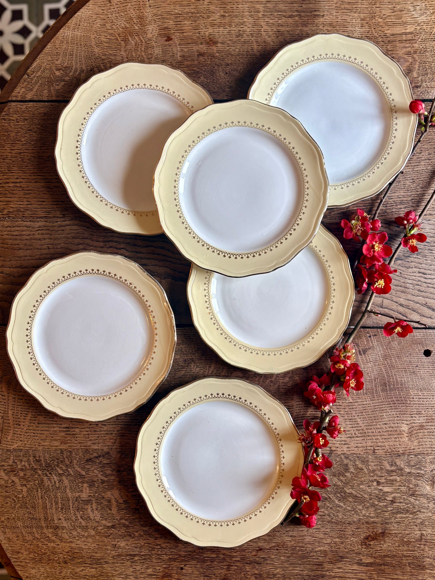 Lot de 6 assiettes plates vintage blanches avec frise jaune et dorée